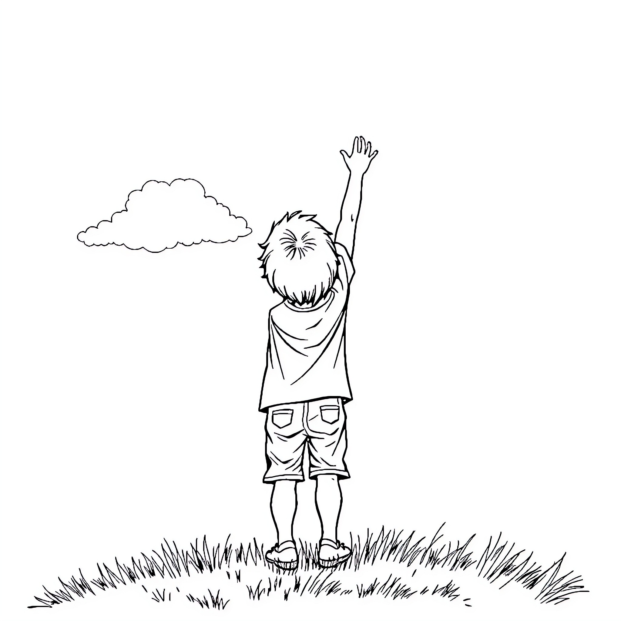 Kid joyfully reaching for the sky Coloring Page (free black-and-white line drawing printable PDF for all, from beginners to advanced learners, including children, teens, adults, and seniors)