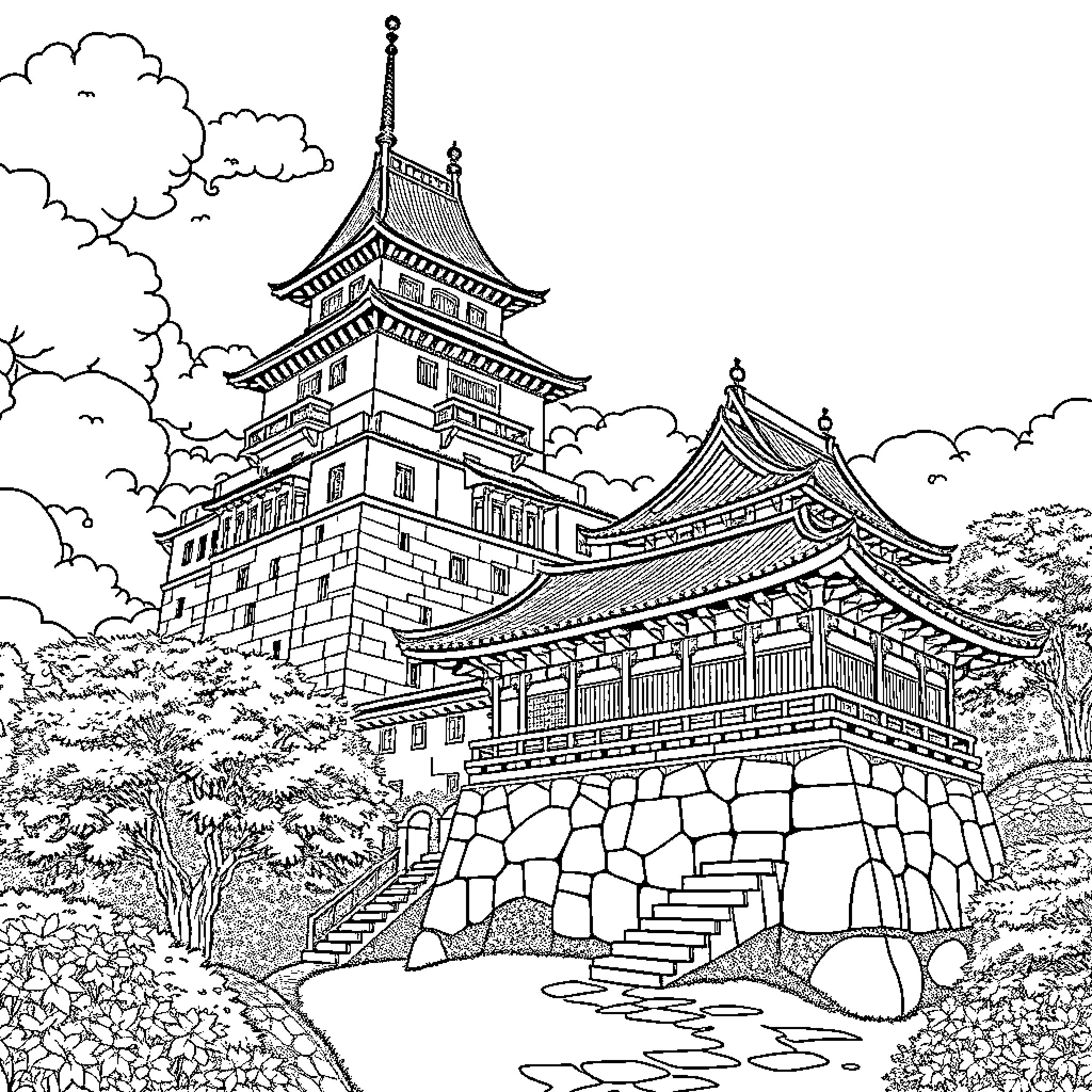 Maple Pavilion in Scenic Japanese Landscape Coloring Page (free black-and-white line drawing printable PDF for all, from beginners to advanced learners, including children, teens, adults, and seniors)