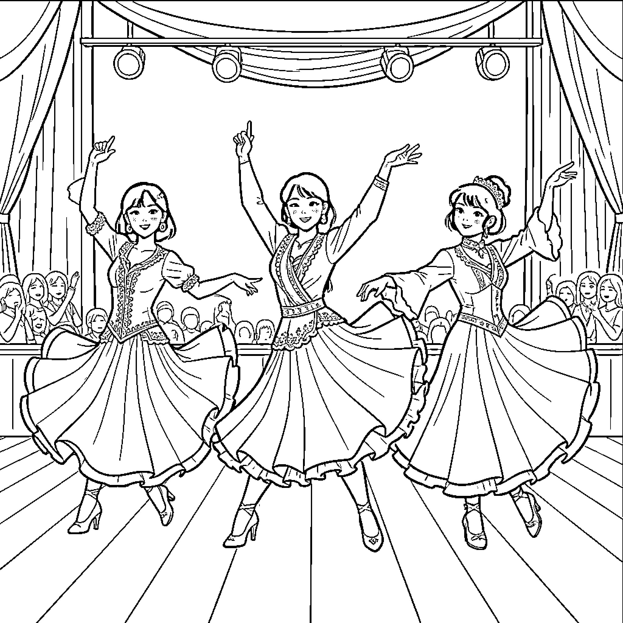 Kpop idols performing a dance on a stage Coloring Page (free black-and-white line drawing printable PDF for all, from beginners to advanced learners, including children, teens, adults, and seniors)