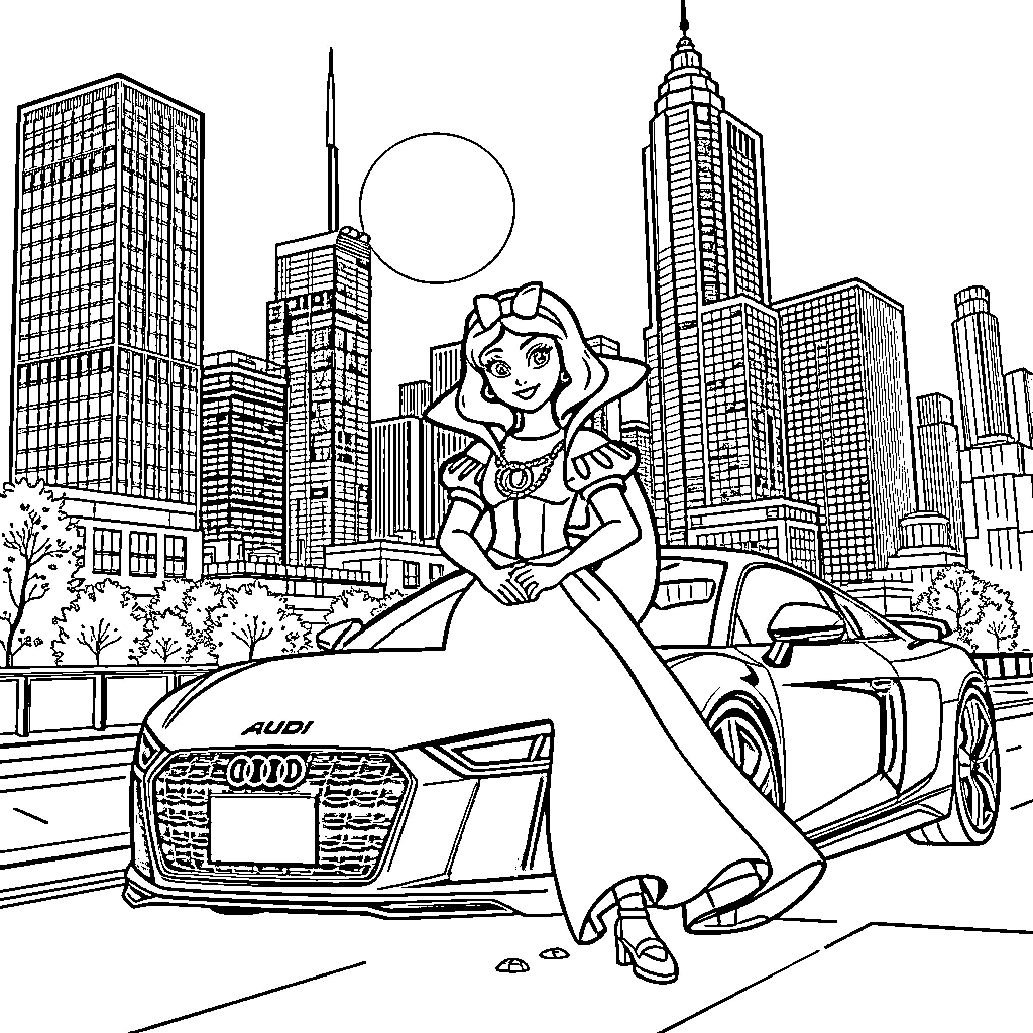 Princess Exploring the Bustling City Coloring Page (free black-and-white line drawing printable PDF for all, from beginners to advanced learners, including children, teens, adults, and seniors)