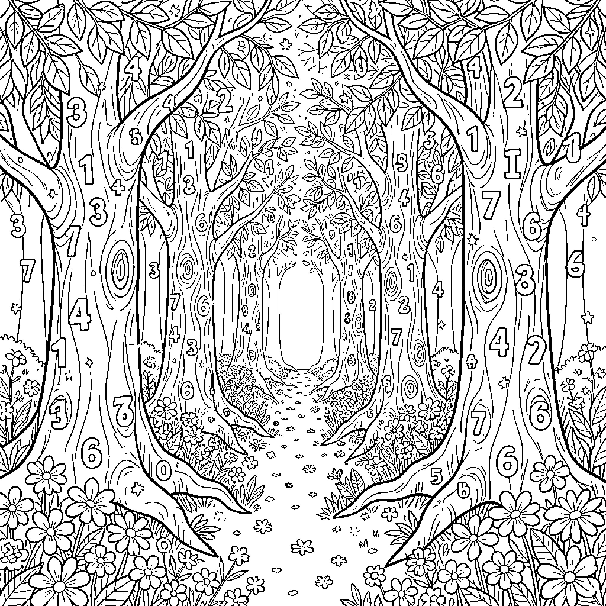 Forest Path with Enchanting Details Coloring Page (free black-and-white line drawing printable PDF for all, from beginners to advanced learners, including children, teens, adults, and seniors)