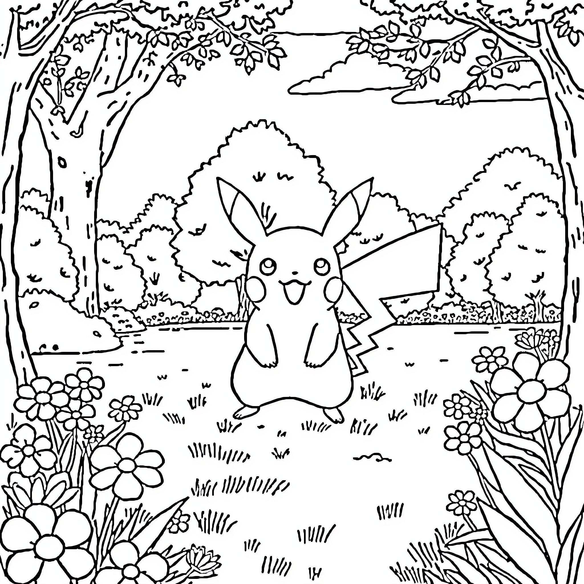 Pikachu enjoying a peaceful day in the forest Coloring Page (free black-and-white line drawing printable PDF for all, from beginners to advanced learners, including children, teens, adults, and seniors)