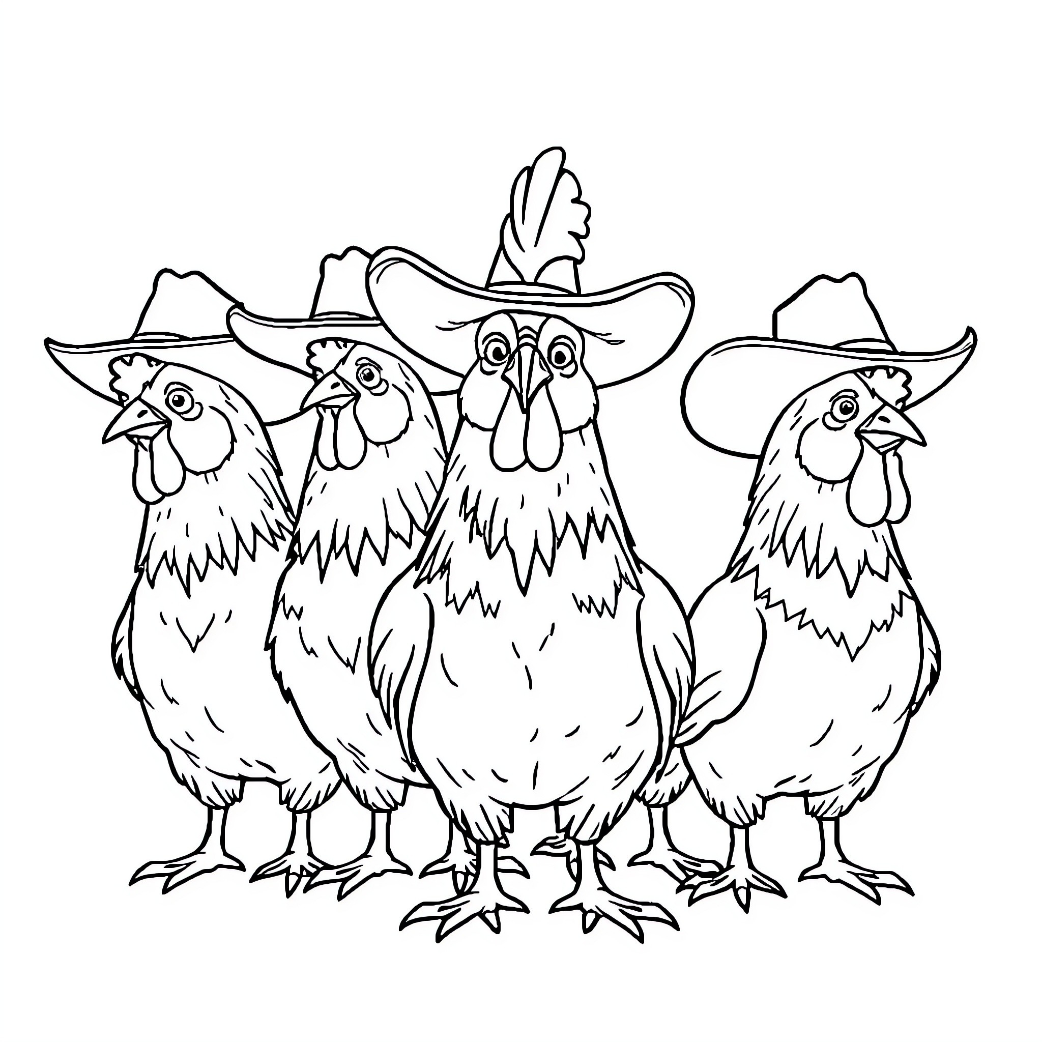 Chicken trio wearing cowboy hats Coloring Page (free black-and-white line drawing printable PDF for all, from beginners to advanced learners, including children, teens, adults, and seniors)