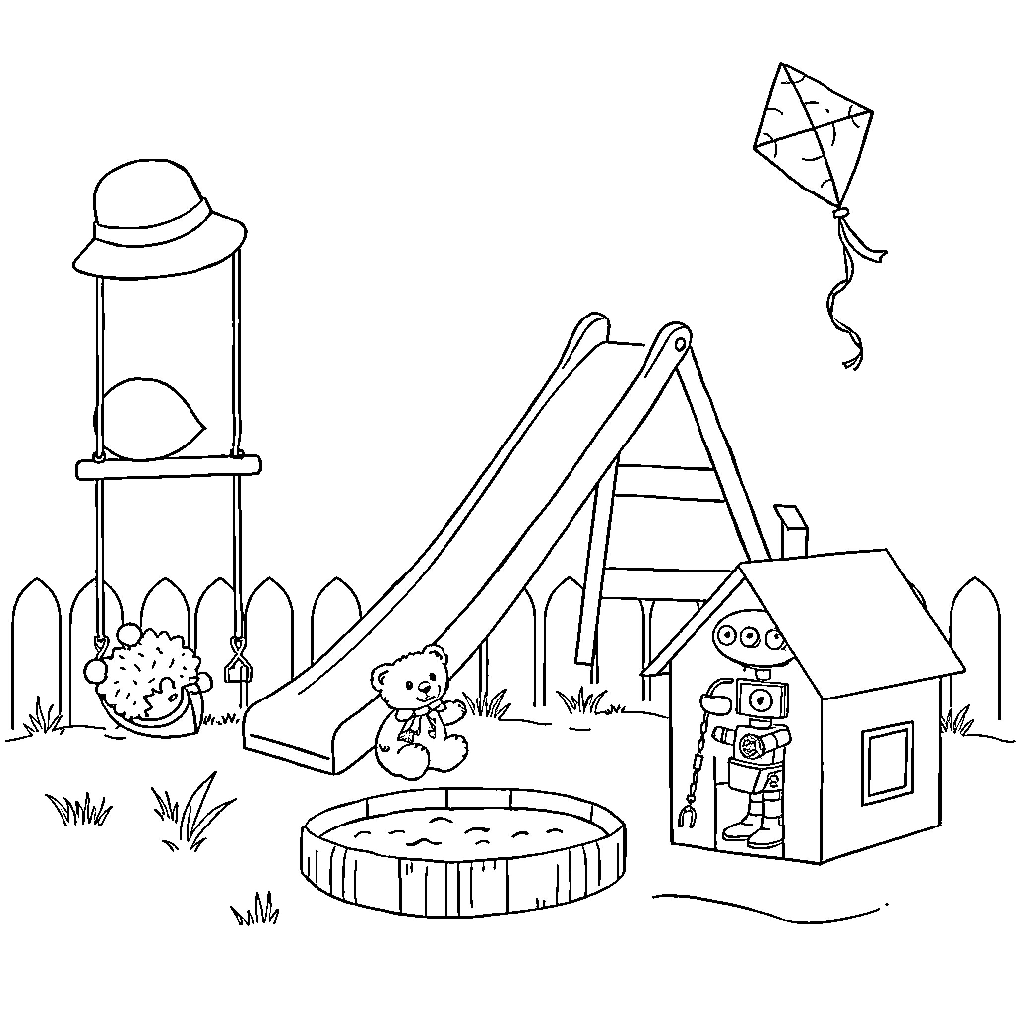 Toy playground with diverse elements and characters Coloring Page (free black-and-white line drawing printable PDF for all, from beginners to advanced learners, including children, teens, adults, and seniors)