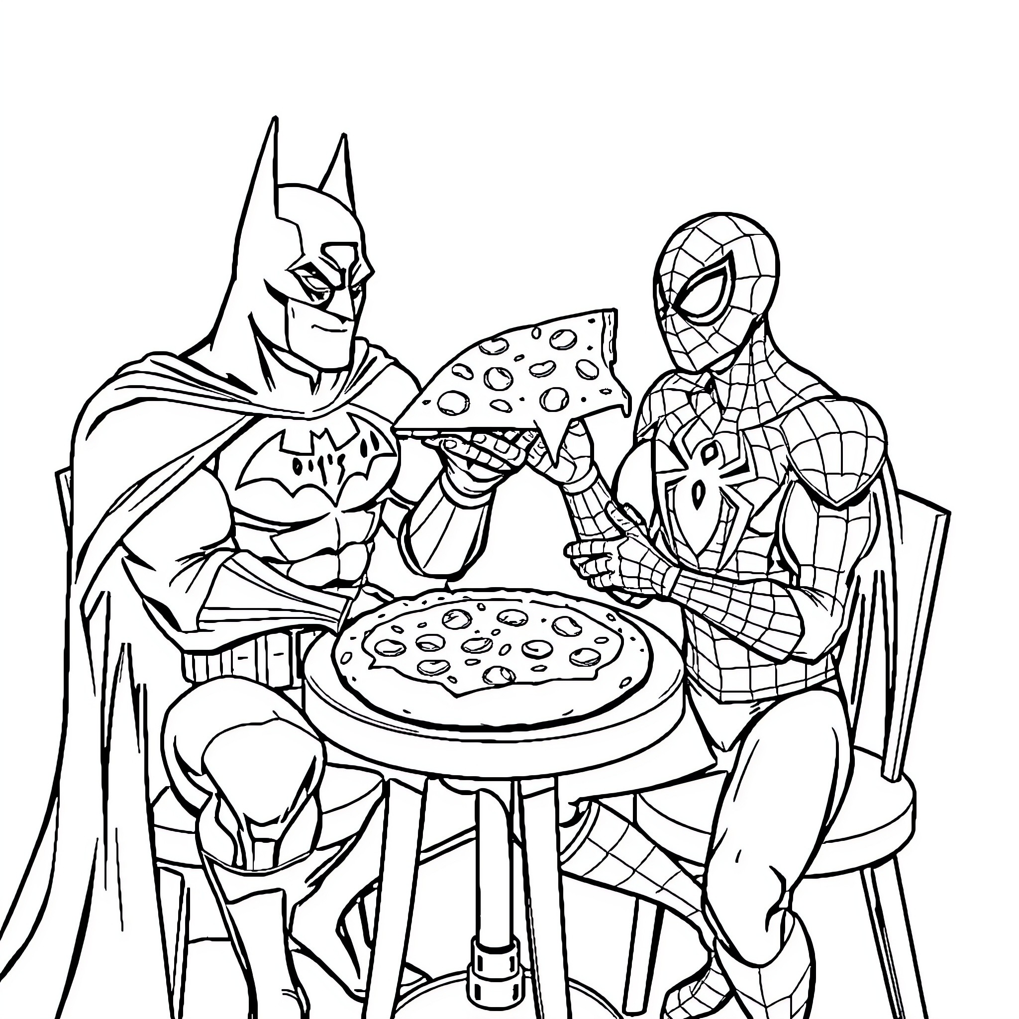 Batman and Spider-Man Enjoying a Pizza Together Coloring Page (free black-and-white line drawing printable PDF for all, from beginners to advanced learners, including children, teens, adults, and seniors)