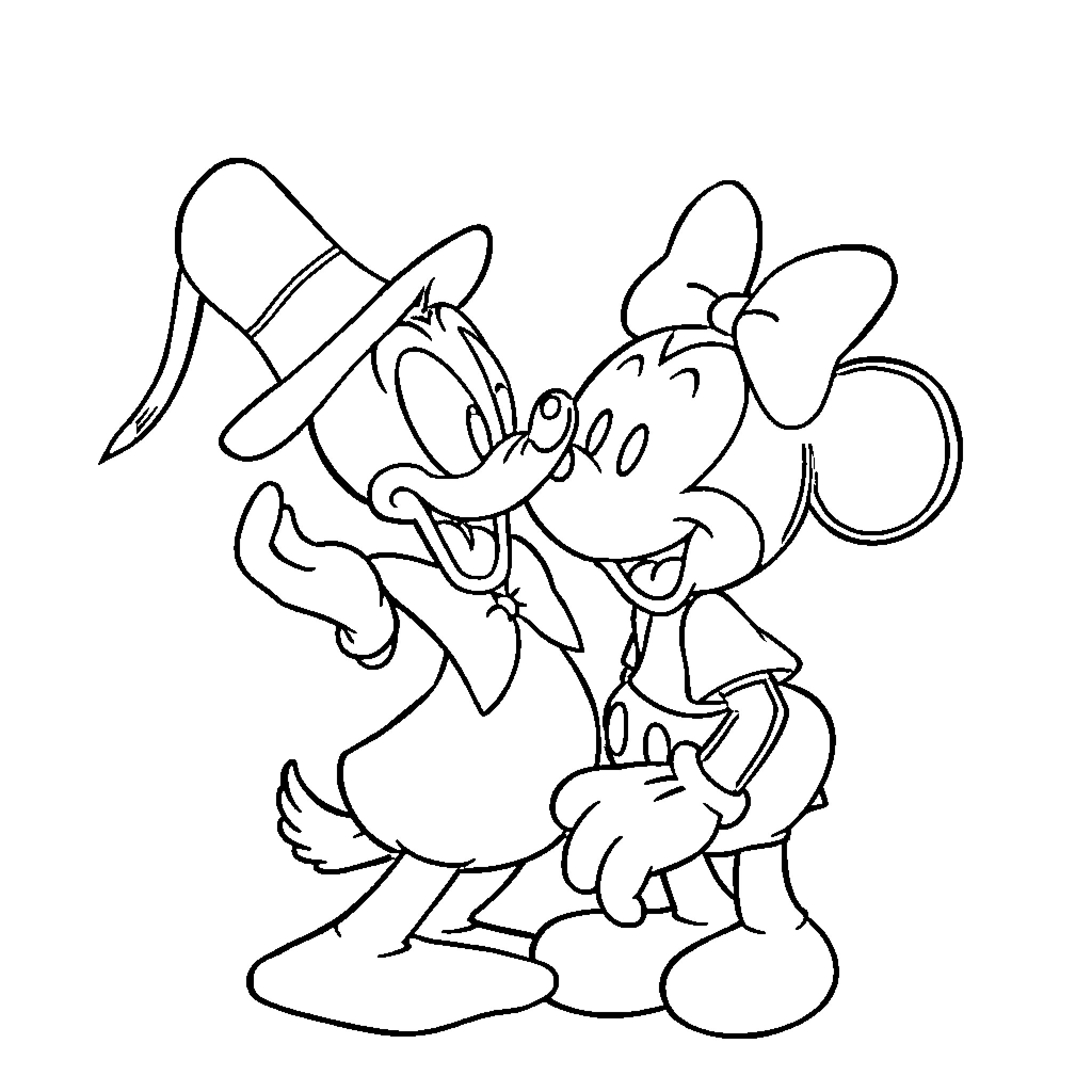 Donald Duck and Daisy Duck in a Playful Scene Coloring Page (free black-and-white line drawing printable PDF for all, from beginners to advanced learners, including children, teens, adults, and seniors)