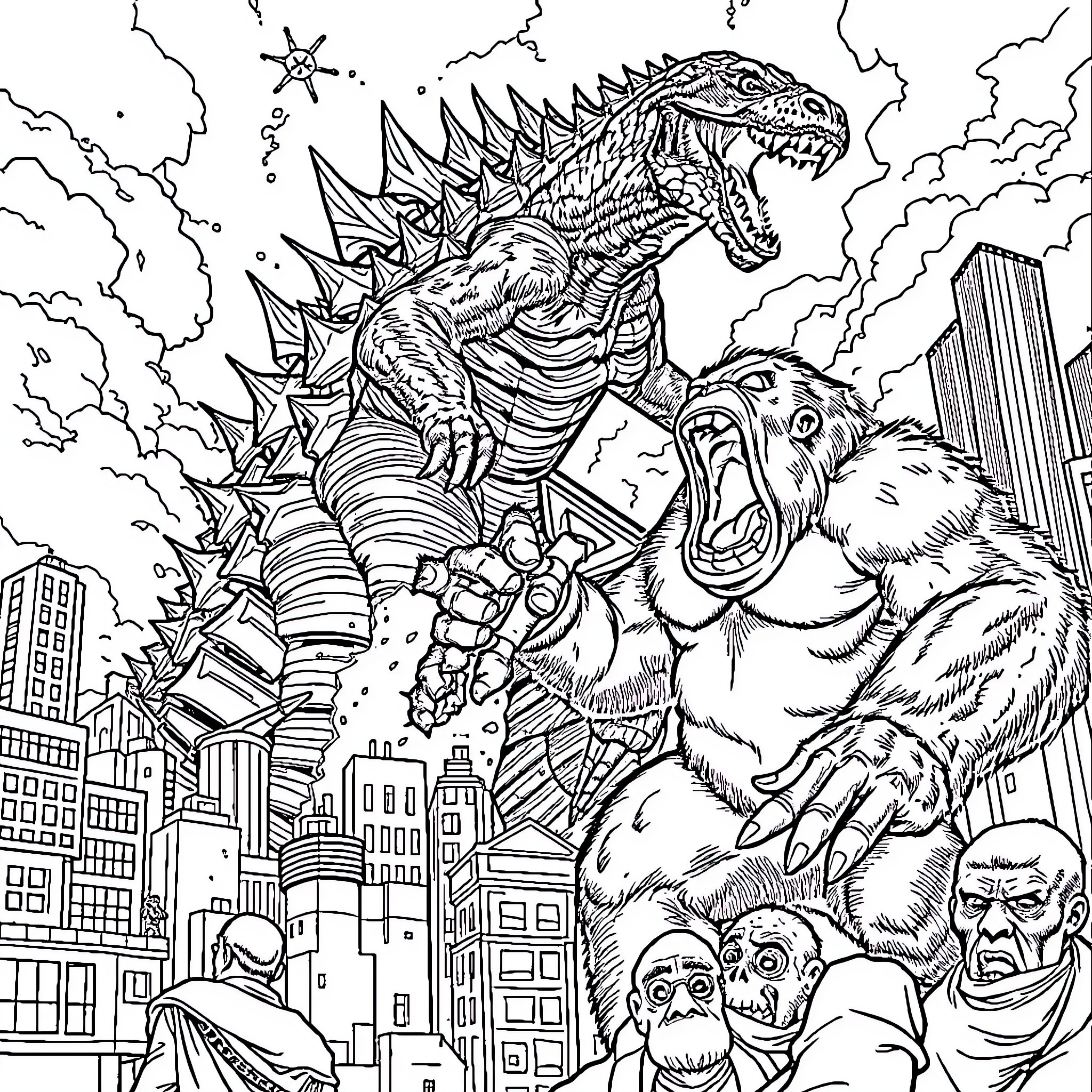 Godzilla rampaging through the city, confronting a furry creature Coloring Page (free black-and-white line drawing printable PDF for all, from beginners to advanced learners, including children, teens, adults, and seniors)