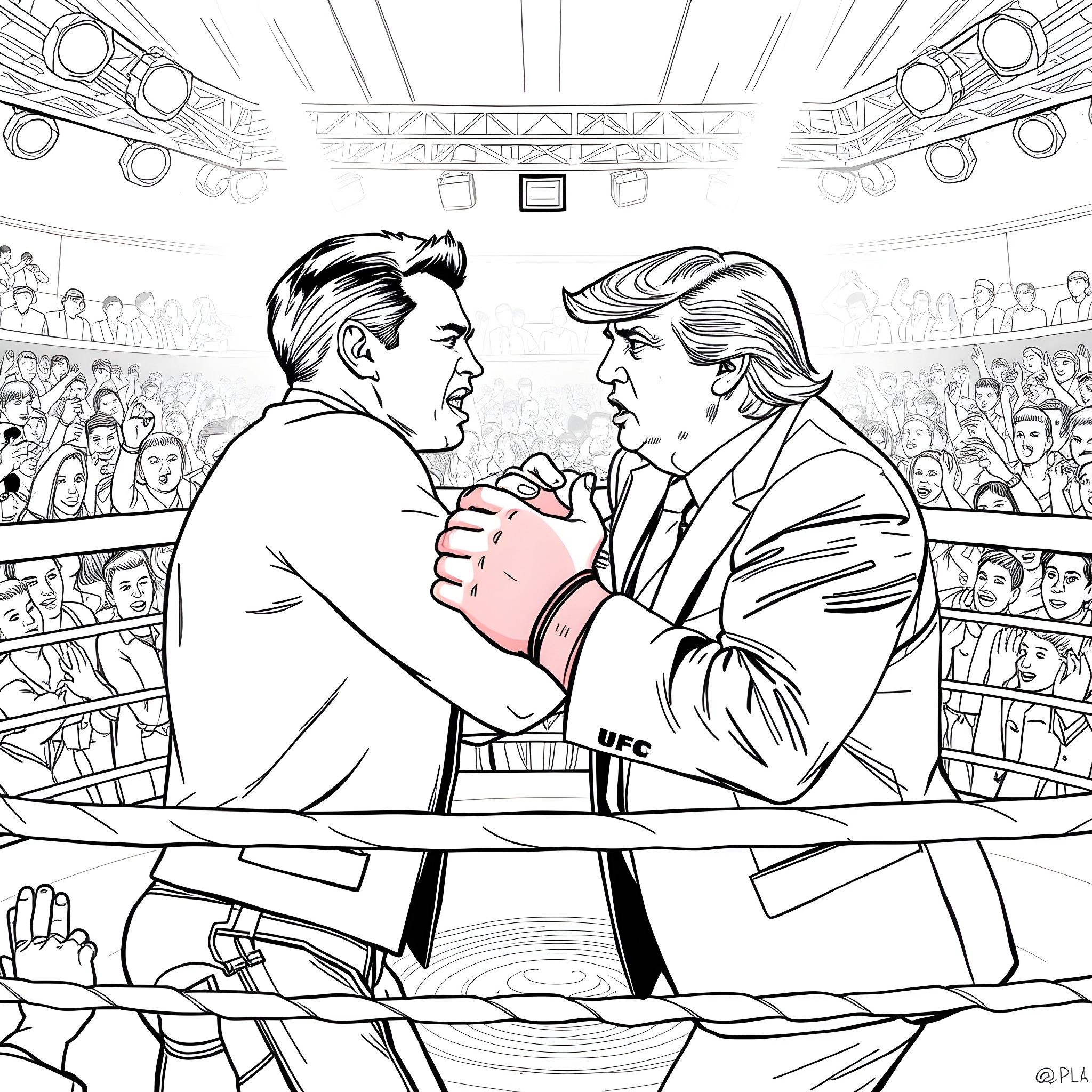 Elon Musk Shakes Hands with Donald Trump in a Wrestling Match Coloring Page (free black-and-white line drawing printable PDF for all, from beginners to advanced learners, including children, teens, adults, and seniors)