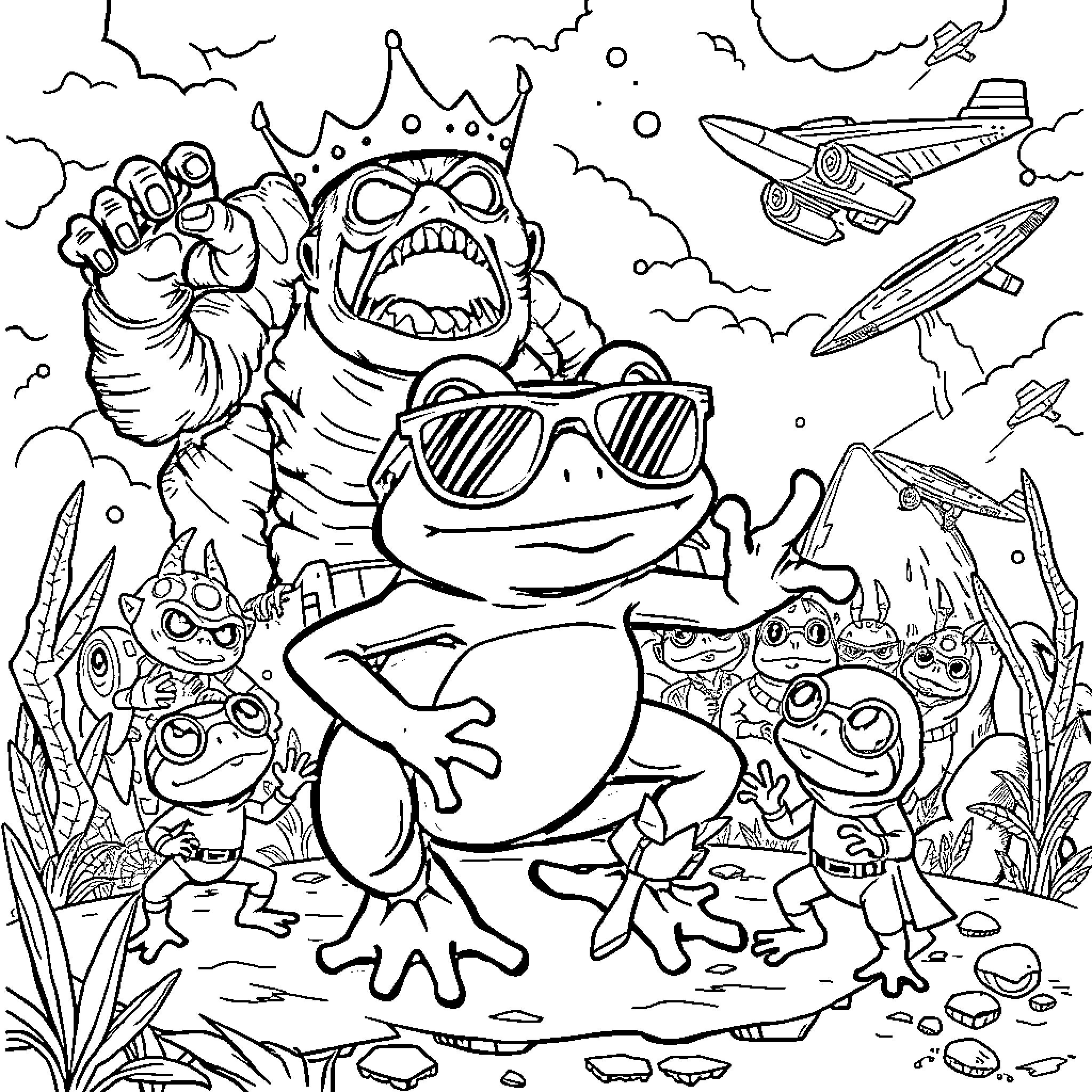 Frog King and his royal subjects in an alien landscape Coloring Page (free black-and-white line drawing printable PDF for all, from beginners to advanced learners, including children, teens, adults, and seniors)