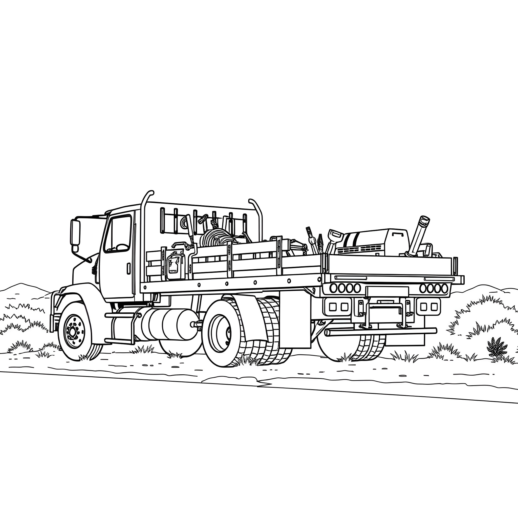 Flatbed truck transporting construction equipment Coloring Page (free black-and-white line drawing printable PDF for all, from beginners to advanced learners, including children, teens, adults, and seniors)