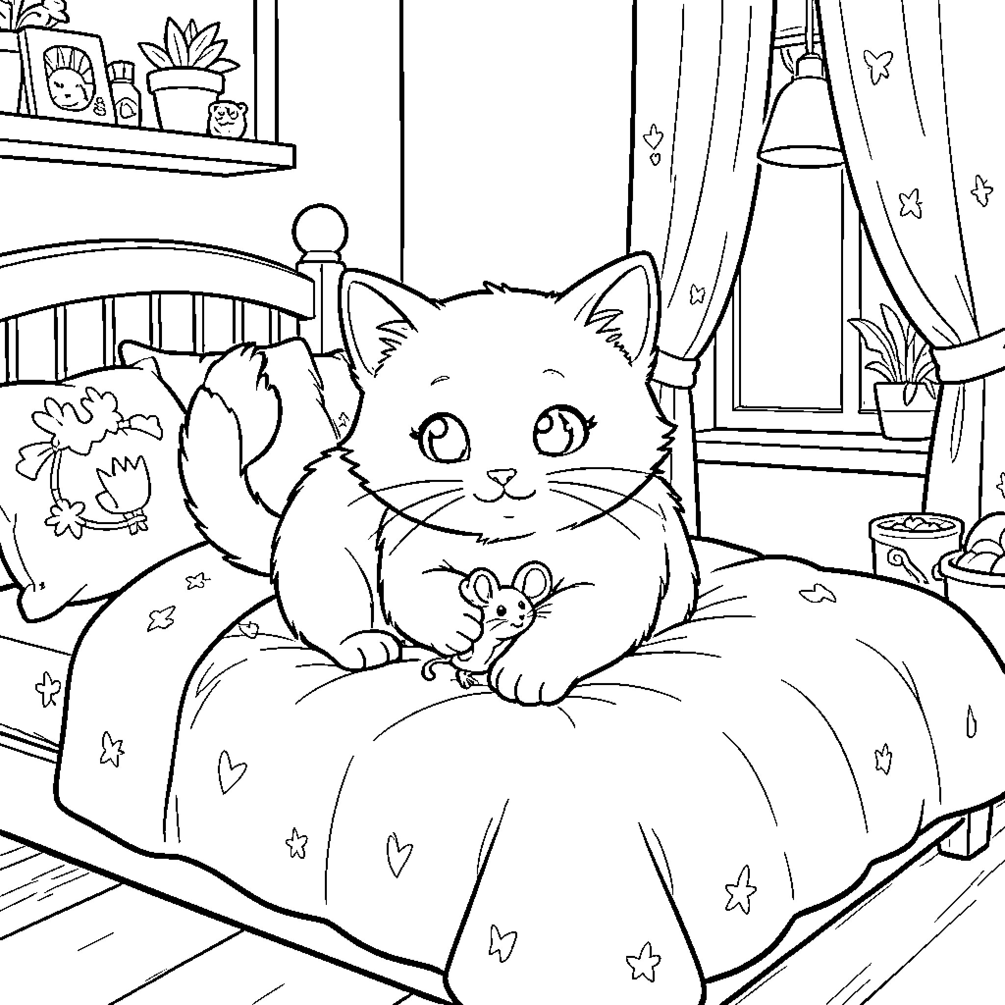 Cat resting comfortably on cozy bed Coloring Page (free black-and-white line drawing printable PDF for all, from beginners to advanced learners, including children, teens, adults, and seniors)