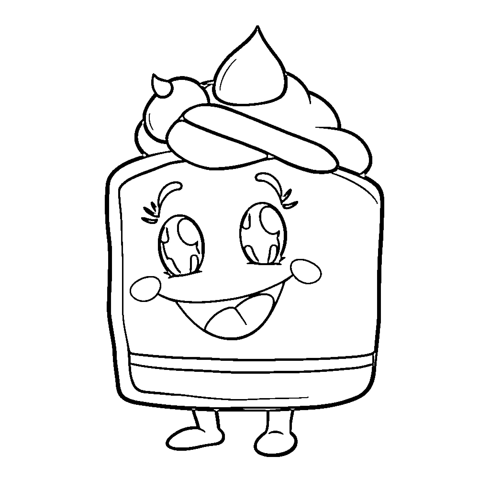 Cake with a cheerful expression Coloring Page (free black-and-white line drawing printable PDF for all, from beginners to advanced learners, including children, teens, adults, and seniors)