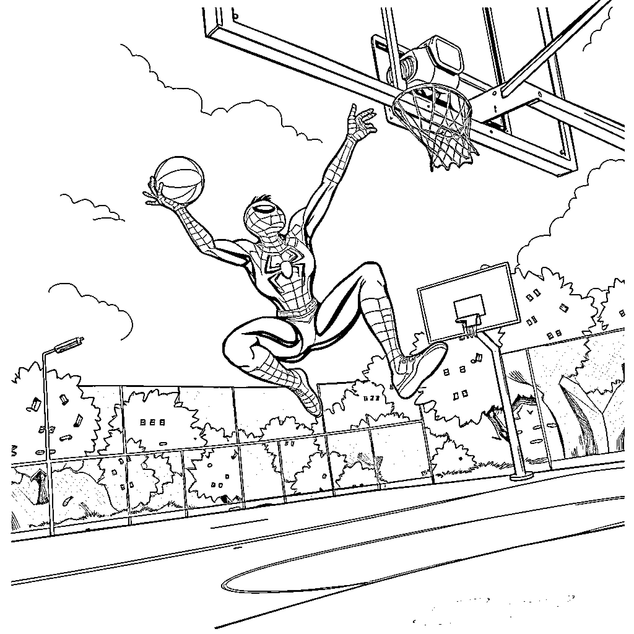 Spiderman swinging and dunking basketball on court Coloring Page (free black-and-white line drawing printable PDF for all, from beginners to advanced learners, including children, teens, adults, and seniors)