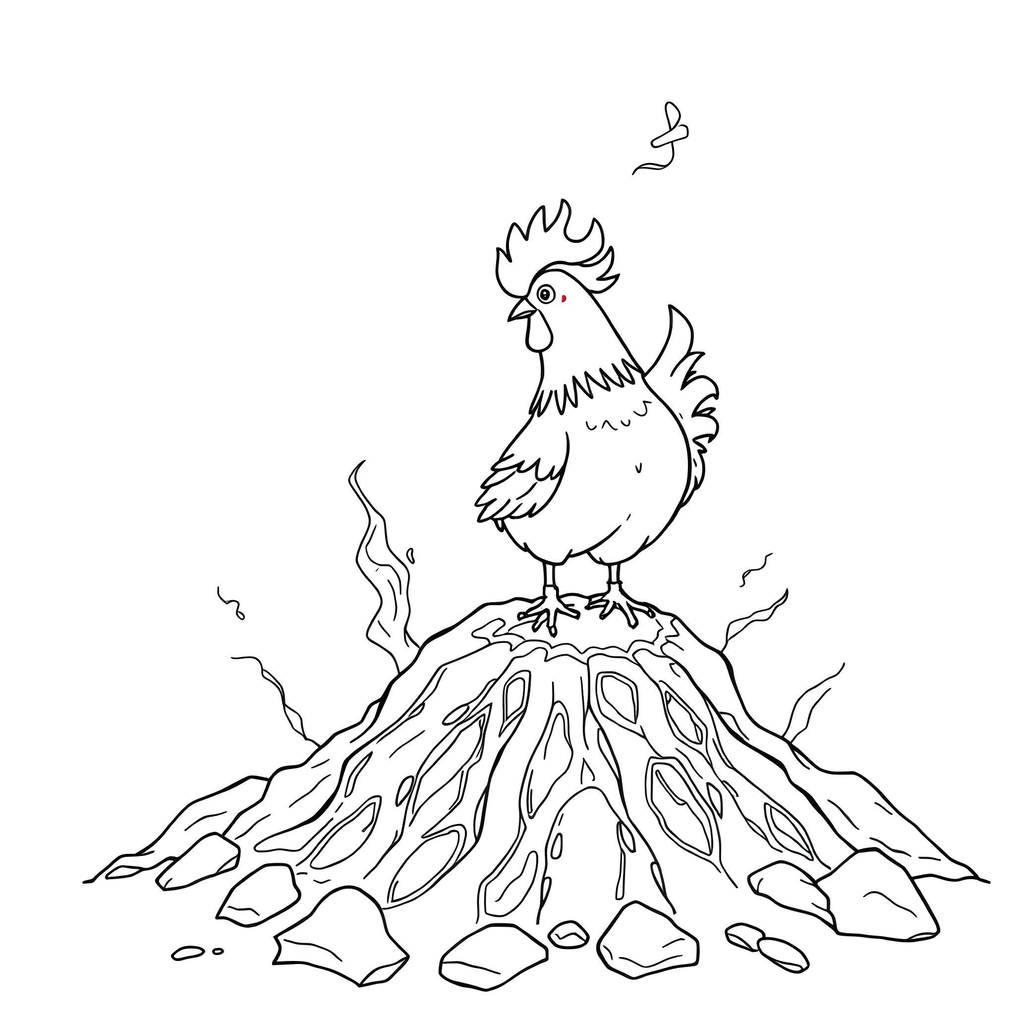 Chicken standing on a pile of rocks Coloring Page (free black-and-white line drawing printable PDF for all, from beginners to advanced learners, including children, teens, adults, and seniors)