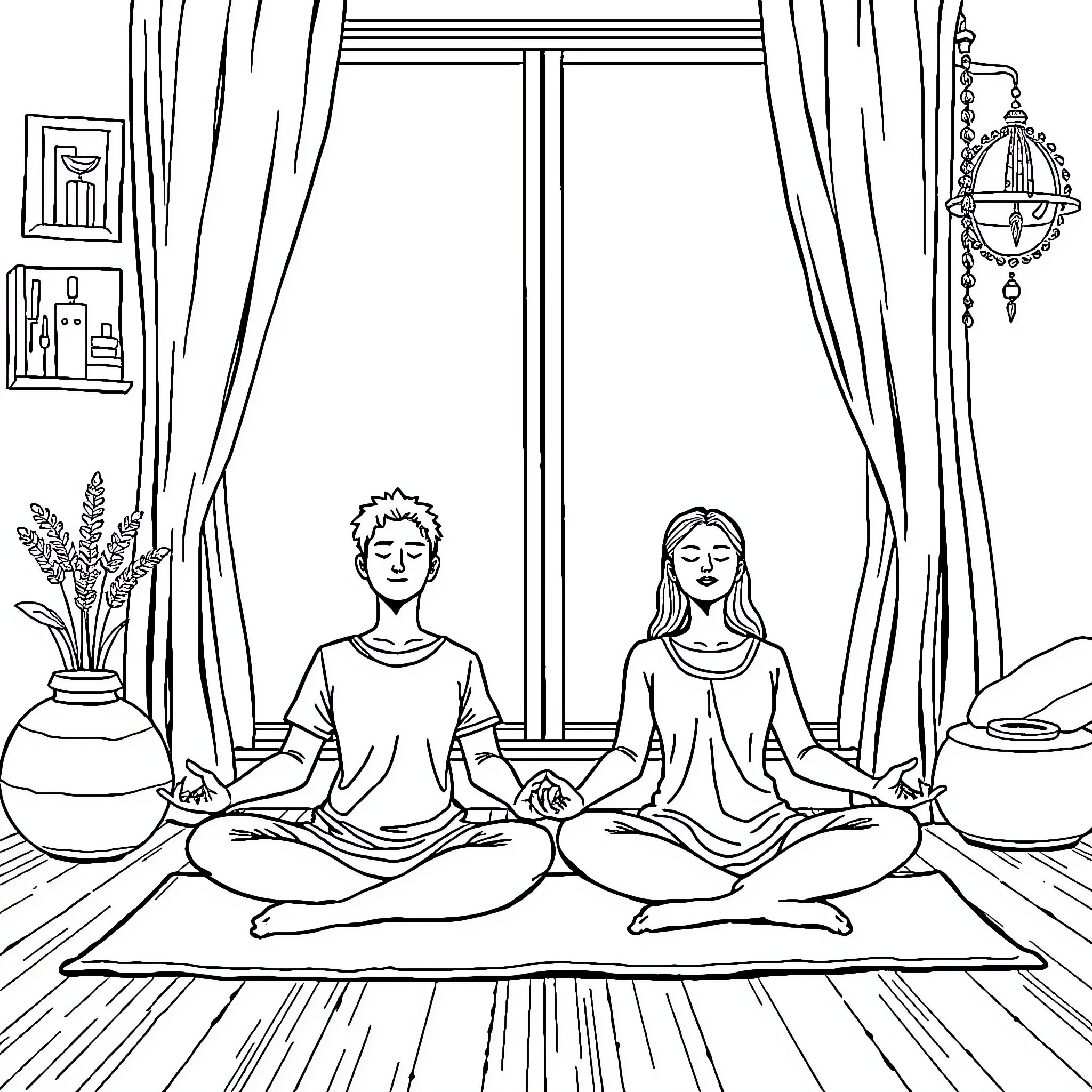 Couple Meditating in Peaceful Room Coloring Page (free black-and-white line drawing printable PDF for all, from beginners to advanced learners, including children, teens, adults, and seniors)