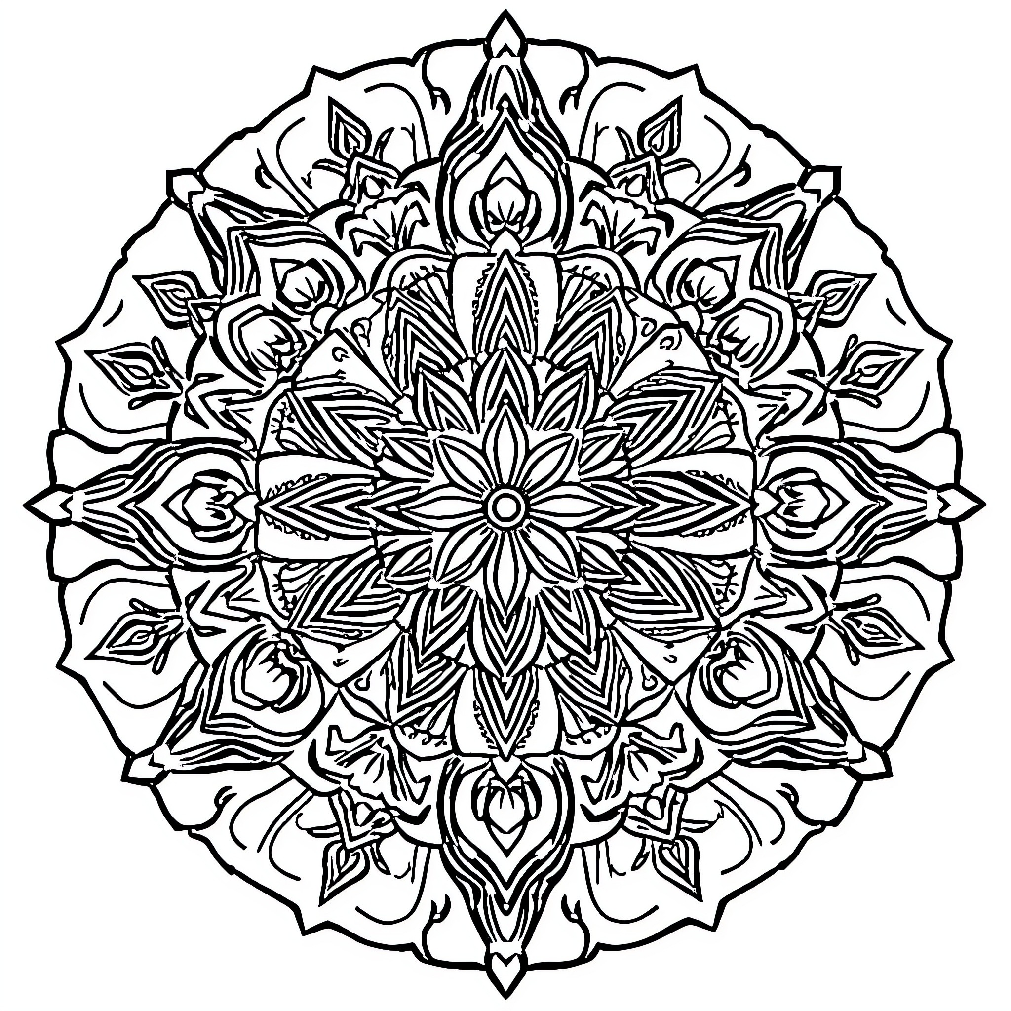 Food Mandala Artistic Design Coloring Page (free black-and-white line drawing printable PDF for all, from beginners to advanced learners, including children, teens, adults, and seniors)
