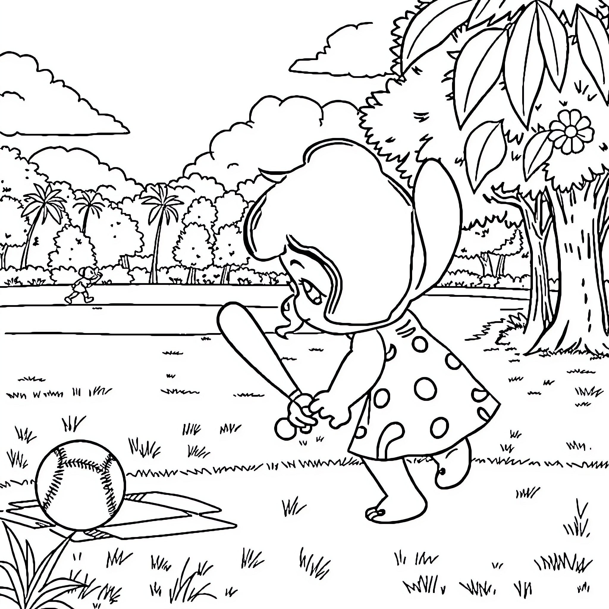 Lilo And Stitch playing in the tropical forest Coloring Page (free black-and-white line drawing printable PDF for all, from beginners to advanced learners, including children, teens, adults, and seniors)