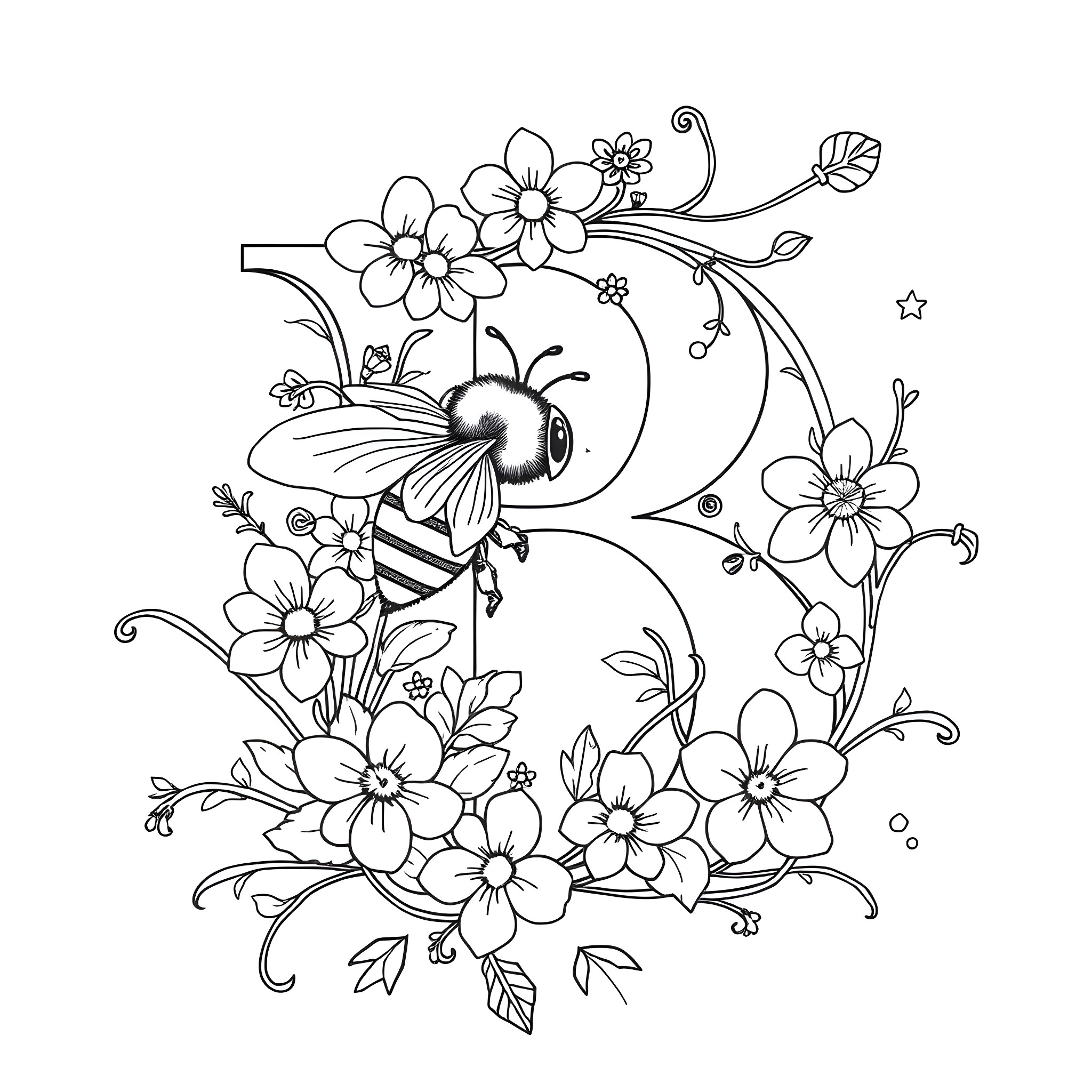 Bouncy Bee Breezing through Blossoms Coloring Page (free black-and-white line drawing printable PDF for all, from beginners to advanced learners, including children, teens, adults, and seniors)
