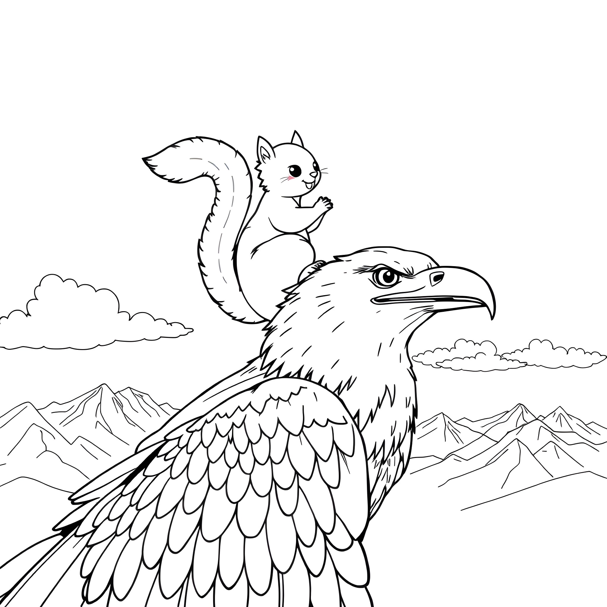 Squirrel perched on a majestic eagle in the mountains Coloring Page (free black-and-white line drawing printable PDF for all, from beginners to advanced learners, including children, teens, adults, and seniors)