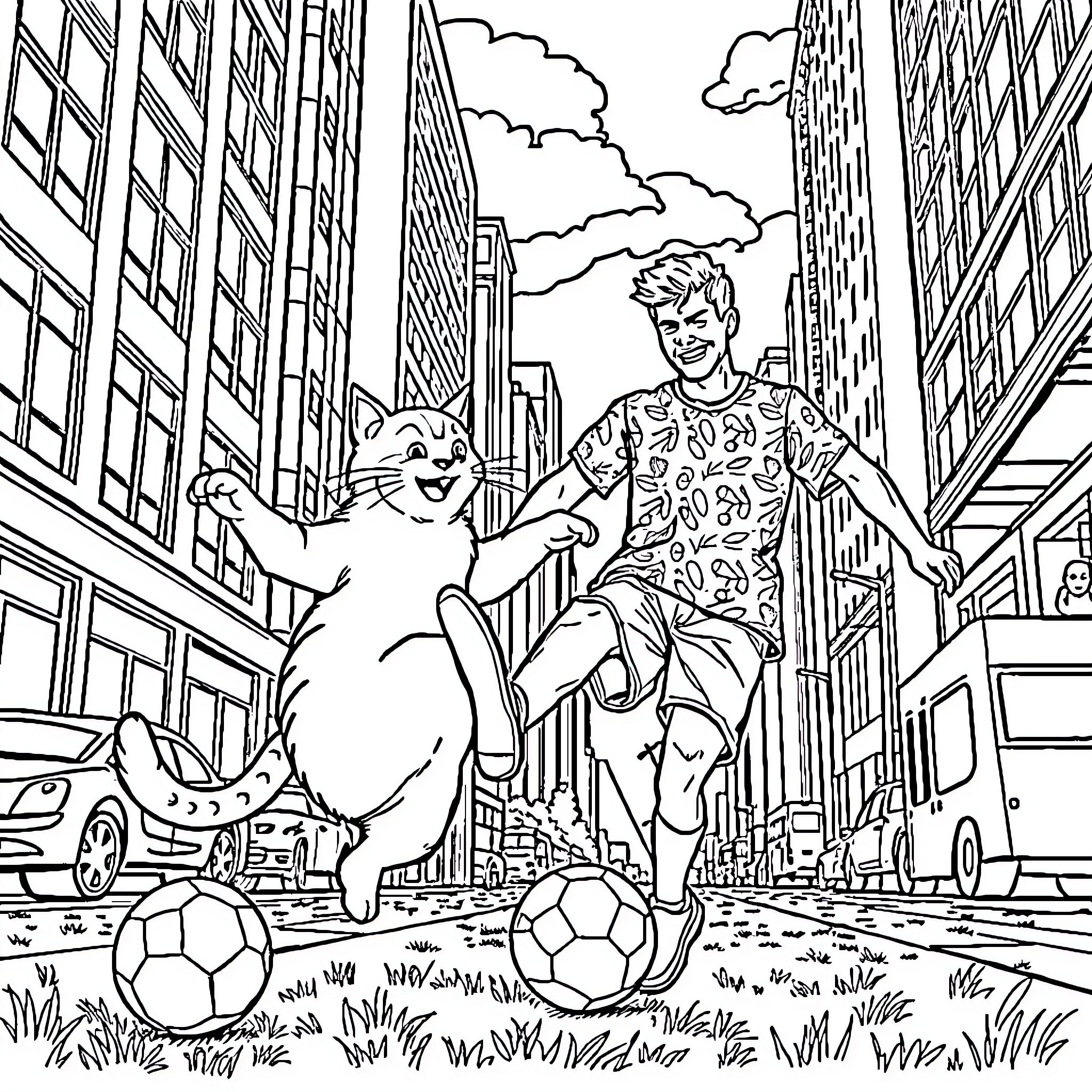 Cat and Man Playing Soccer in the City Coloring Page (free black-and-white line drawing printable PDF for all, from beginners to advanced learners, including children, teens, adults, and seniors)