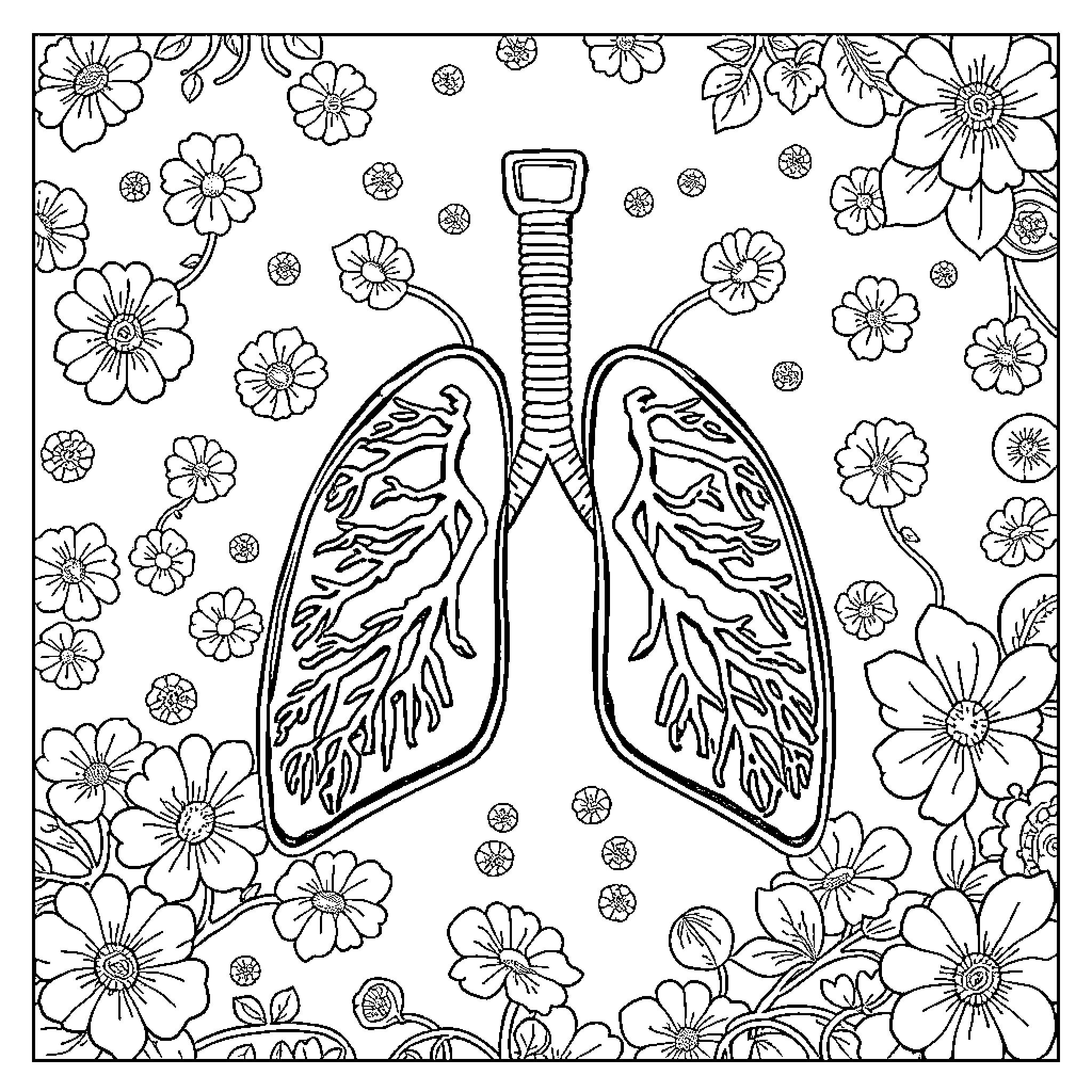 Respiratory System Surrounded by Floral Designs Coloring Page (free black-and-white line drawing printable PDF for all, from beginners to advanced learners, including children, teens, adults, and seniors)