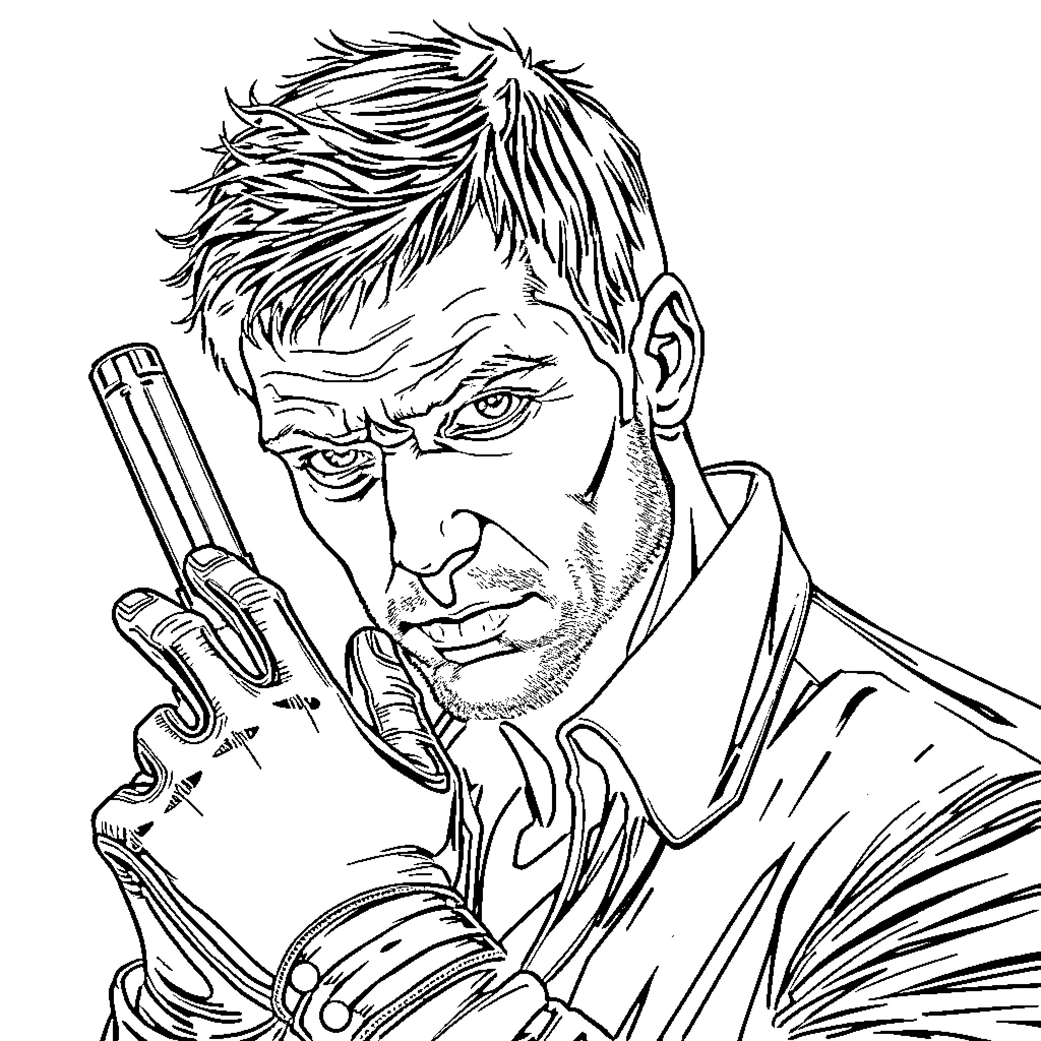Dexter Morgan wielding a knife in a dramatic pose Coloring Page (free black-and-white line drawing printable PDF for all, from beginners to advanced learners, including children, teens, adults, and seniors)