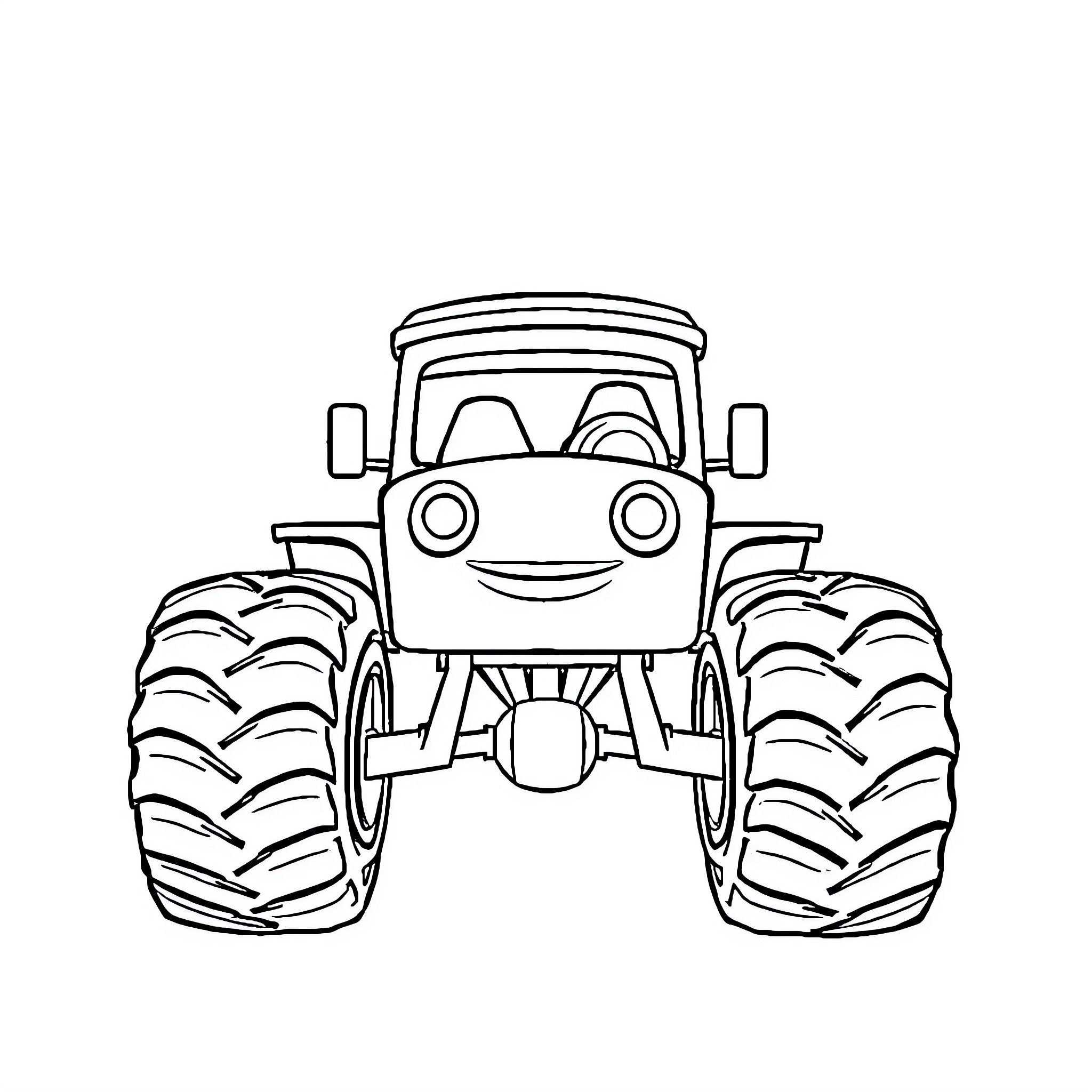 Cartoon Tractor with Smiling Face Coloring Page (free black-and-white line drawing printable PDF for all, from beginners to advanced learners, including children, teens, adults, and seniors)
