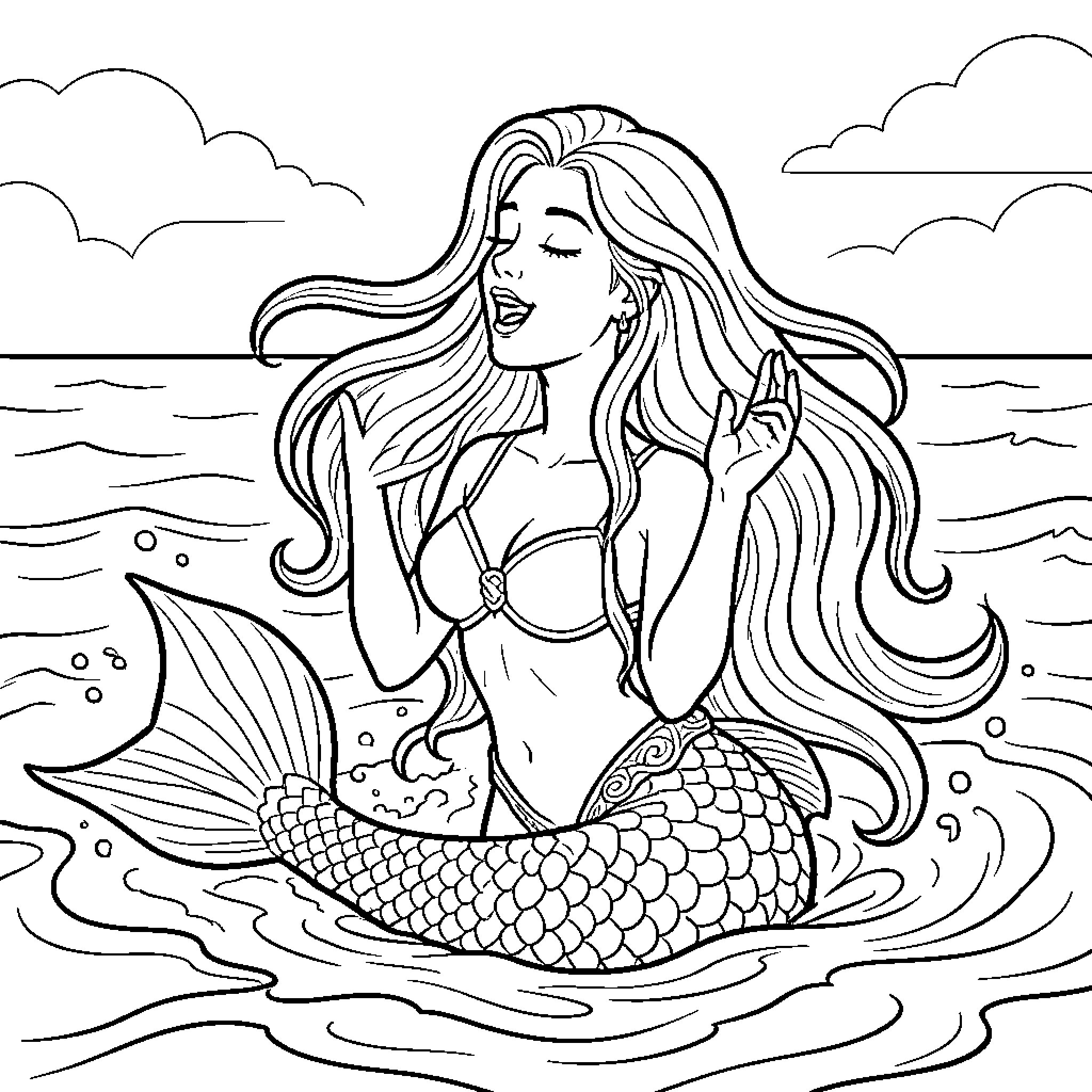 Siren's Enchanting Underwater Dance Coloring Page (free black-and-white line drawing printable PDF for all, from beginners to advanced learners, including children, teens, adults, and seniors)