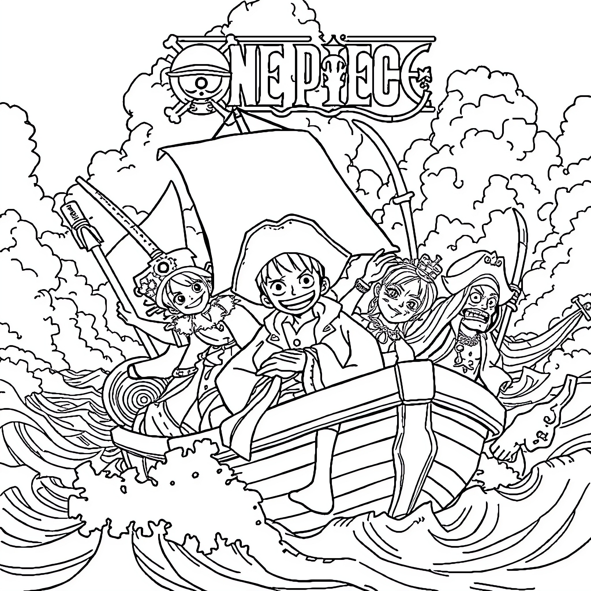One Piece Adventure on the High Seas Coloring Page (free black-and-white line drawing printable PDF for all, from beginners to advanced learners, including children, teens, adults, and seniors)