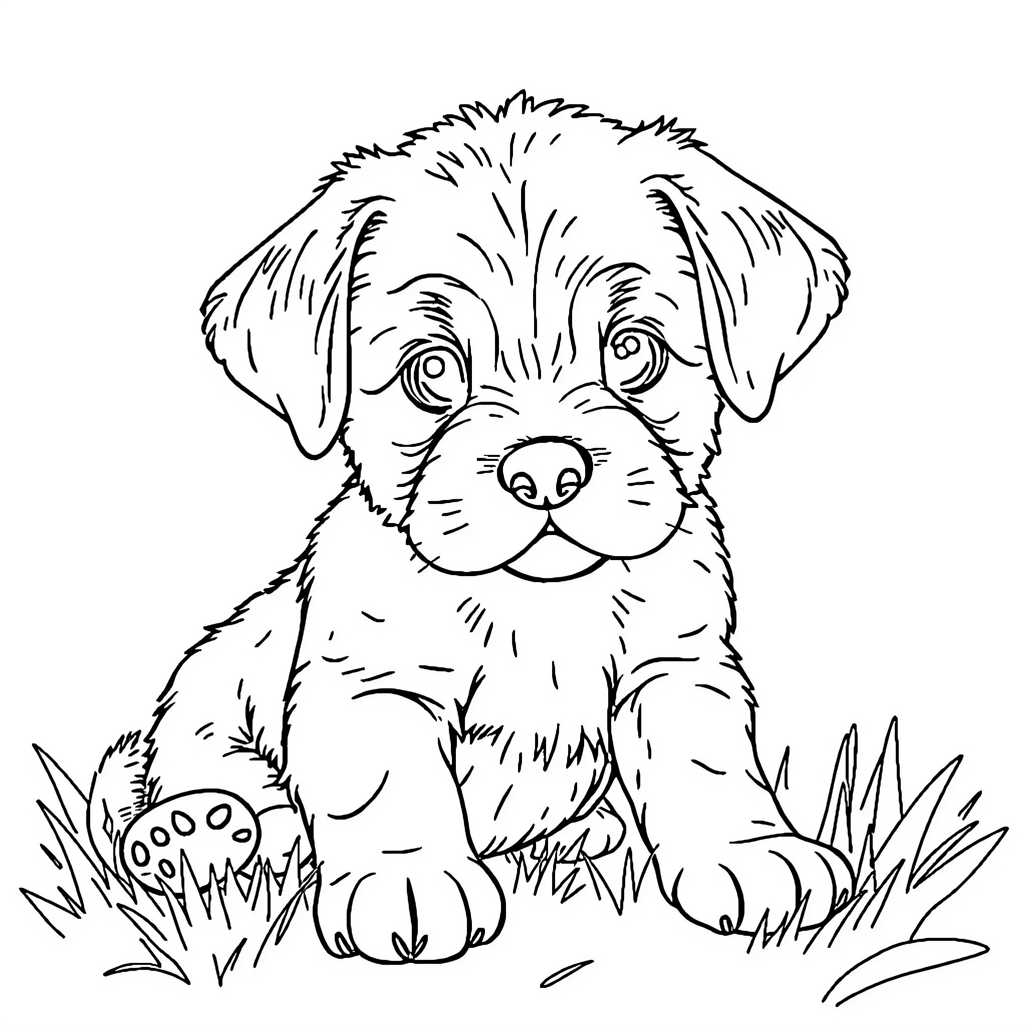 Puppy sitting in the grass Coloring Page (free black-and-white line drawing printable PDF for all, from beginners to advanced learners, including children, teens, adults, and seniors)