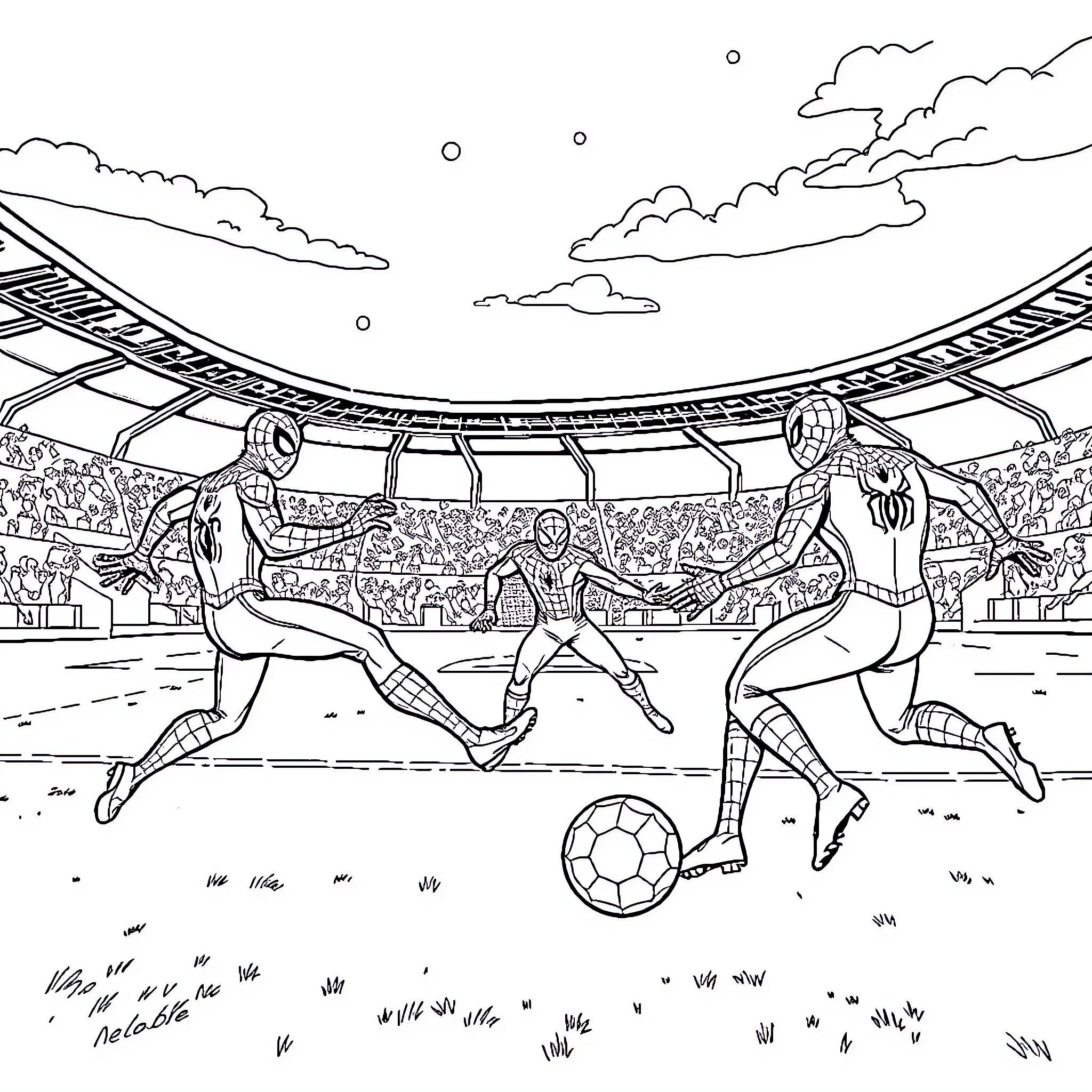 Spider-Man superheroes playing soccer in a stadium Coloring Page (free black-and-white line drawing printable PDF for all, from beginners to advanced learners, including children, teens, adults, and seniors)
