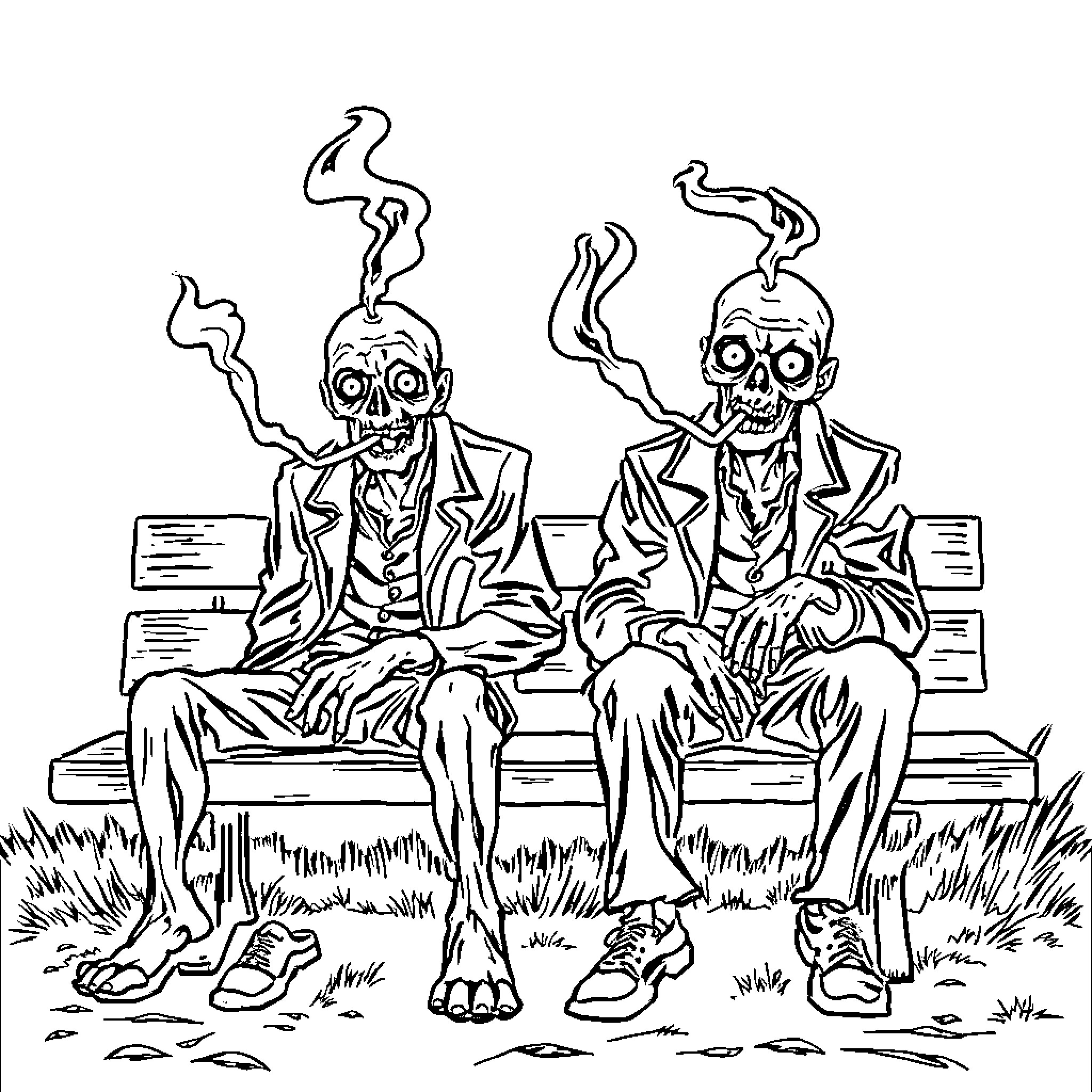 Zombie businessmen relaxing on park bench Coloring Page (free black-and-white line drawing printable PDF for all, from beginners to advanced learners, including children, teens, adults, and seniors)