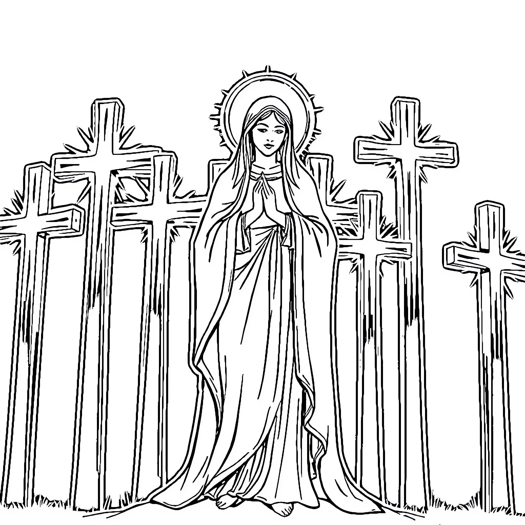 Madonna amidst religious symbols and imagery Coloring Page (free black-and-white line drawing printable PDF for all, from beginners to advanced learners, including children, teens, adults, and seniors)