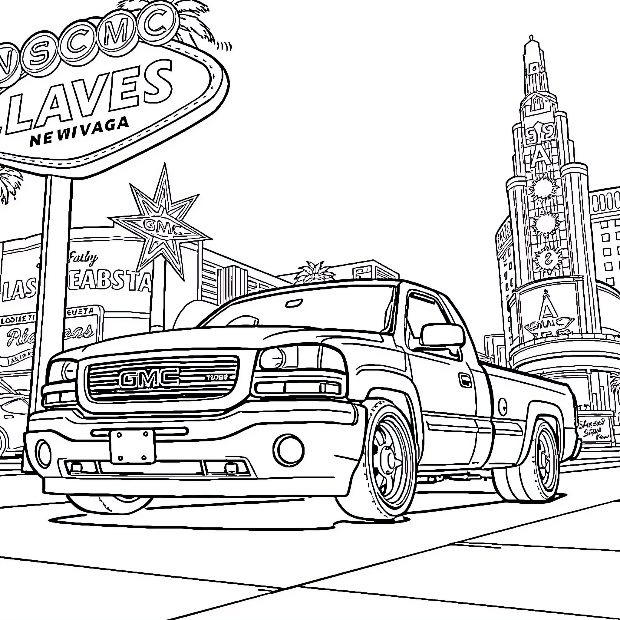 Truck in front of iconic Las Vegas sign Coloring Page (free black-and-white line drawing printable PDF for all, from beginners to advanced learners, including children, teens, adults, and seniors)