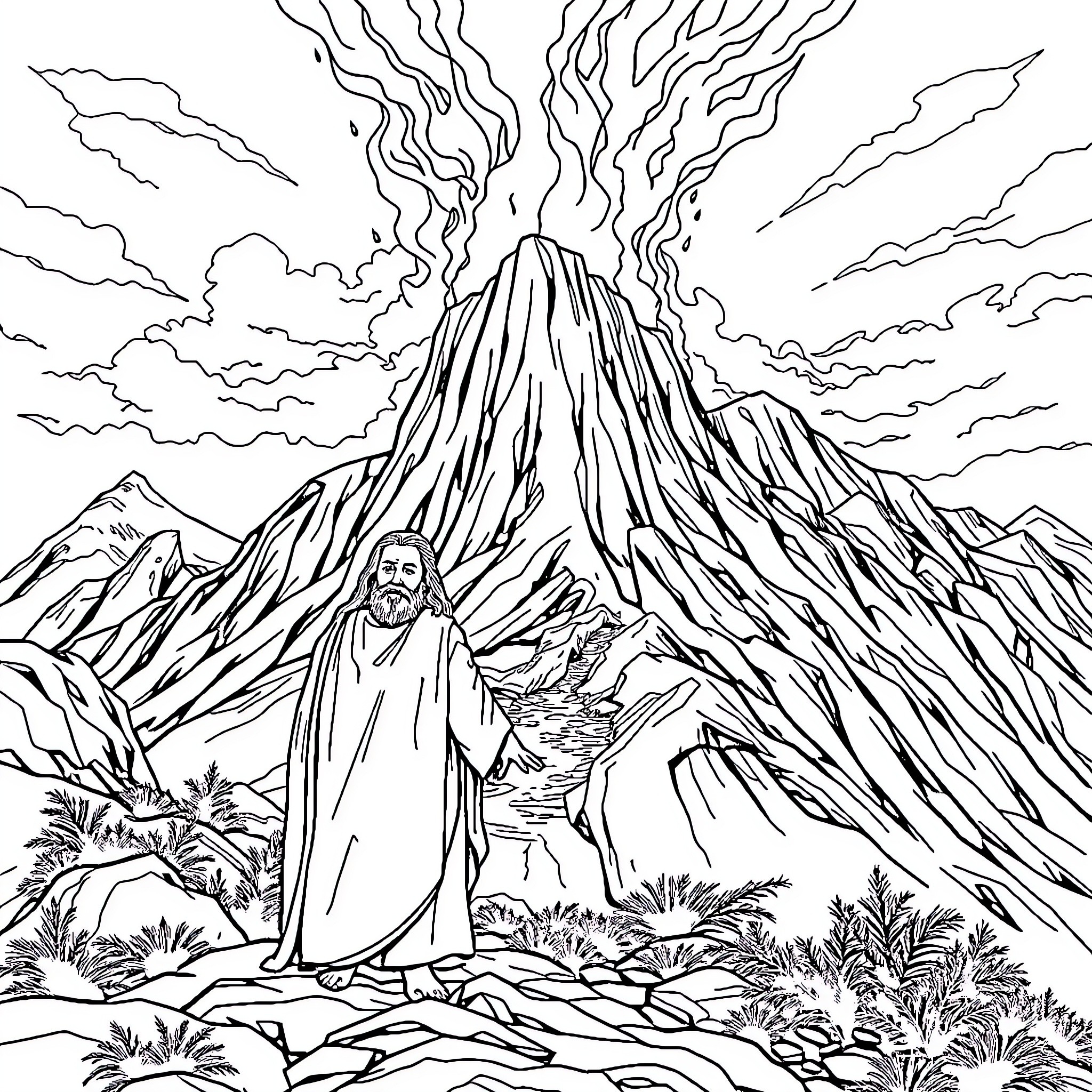 Moses and the Burning Bush in the Wilderness Coloring Page (free black-and-white line drawing printable PDF for all, from beginners to advanced learners, including children, teens, adults, and seniors)