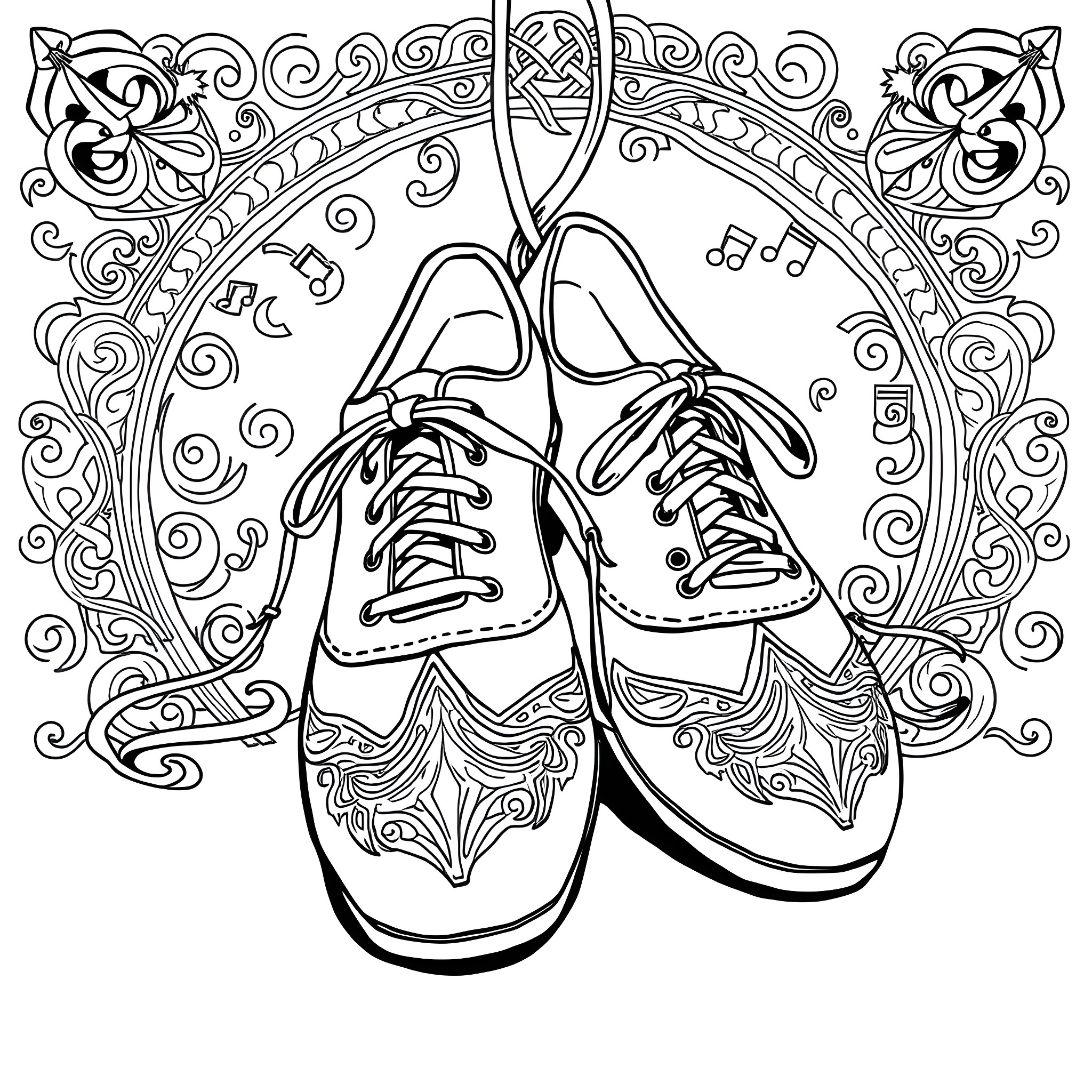 Dance Shoe Paired in Ornate Frame Coloring Page (free black-and-white line drawing printable PDF for all, from beginners to advanced learners, including children, teens, adults, and seniors)