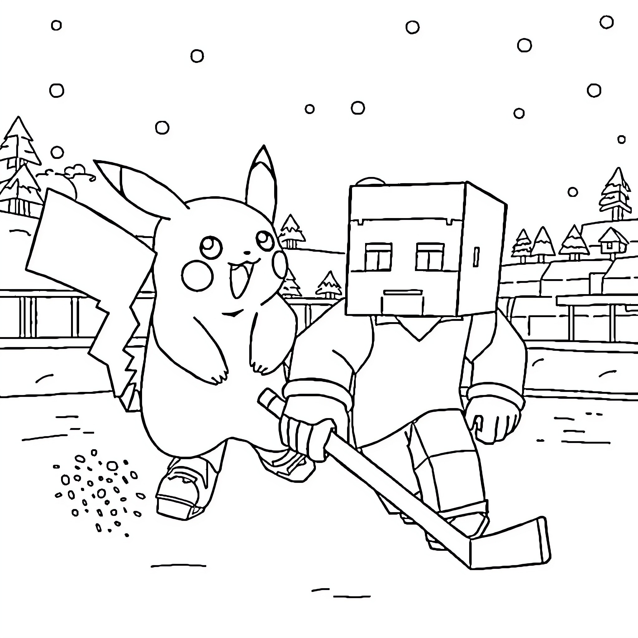 Pikachu playing in a winter wonderland Coloring Page (free black-and-white line drawing printable PDF for all, from beginners to advanced learners, including children, teens, adults, and seniors)
