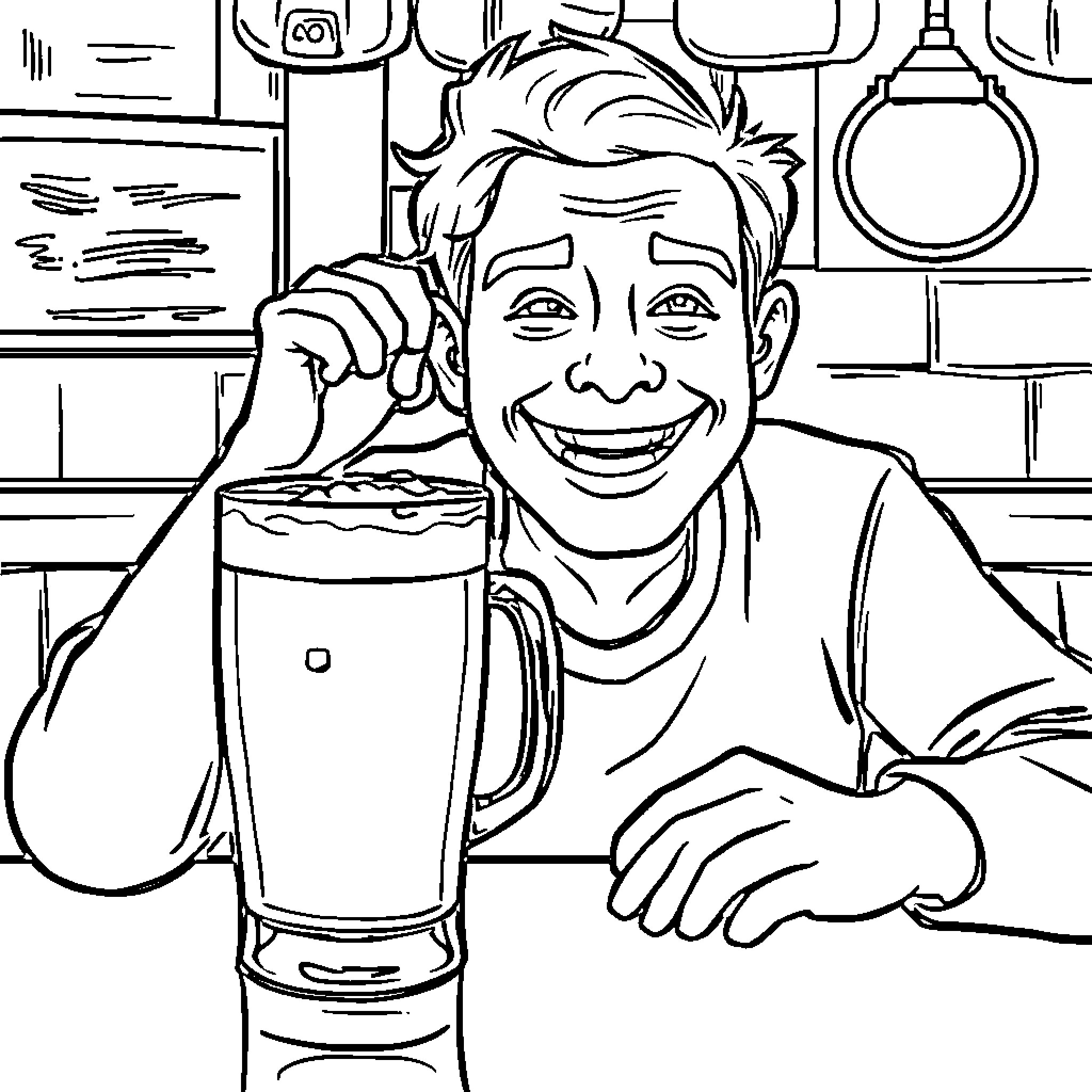 Beer Enthusiast Enjoying Refreshing Beverage Coloring Page (free black-and-white line drawing printable PDF for all, from beginners to advanced learners, including children, teens, adults, and seniors)