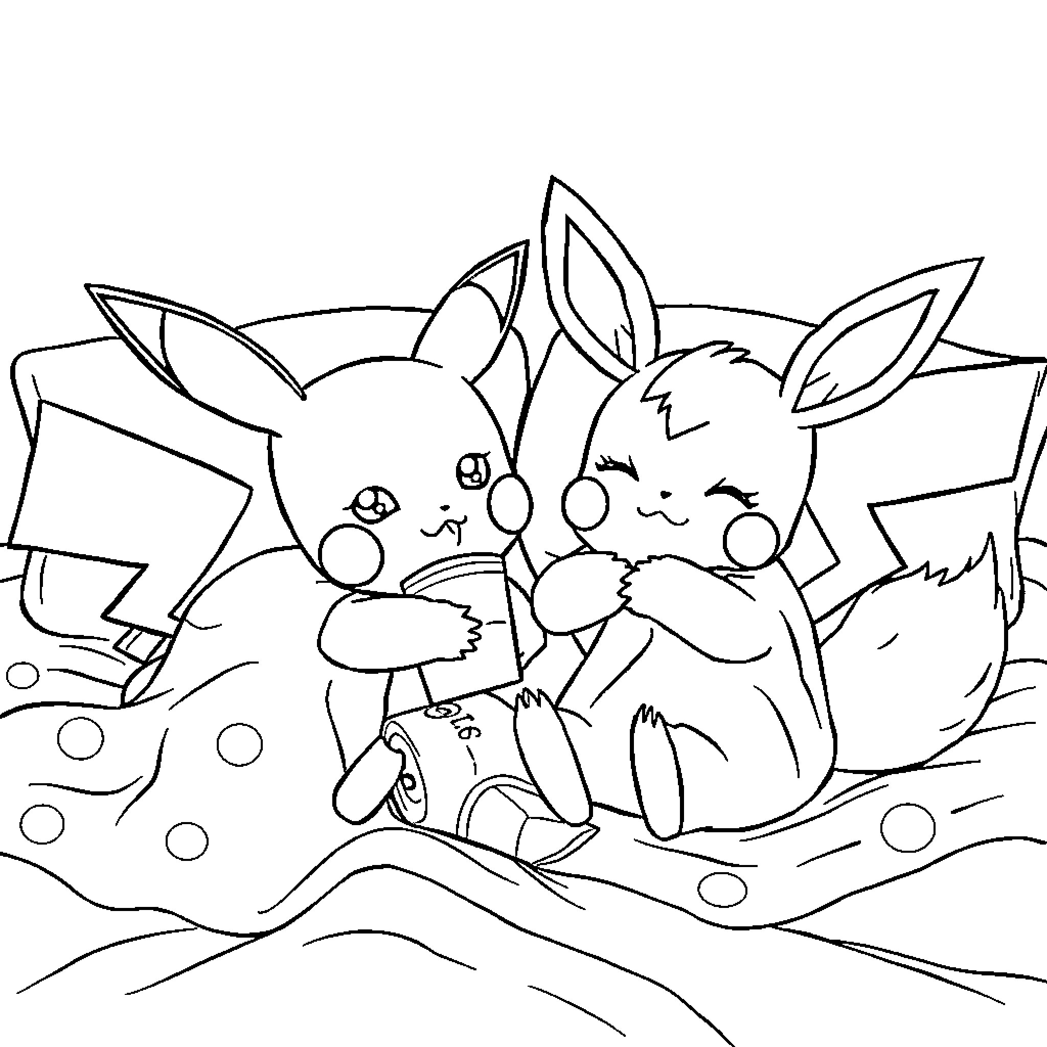 Pikachu and Eevee enjoying a playful moment Coloring Page (free black-and-white line drawing printable PDF for all, from beginners to advanced learners, including children, teens, adults, and seniors)
