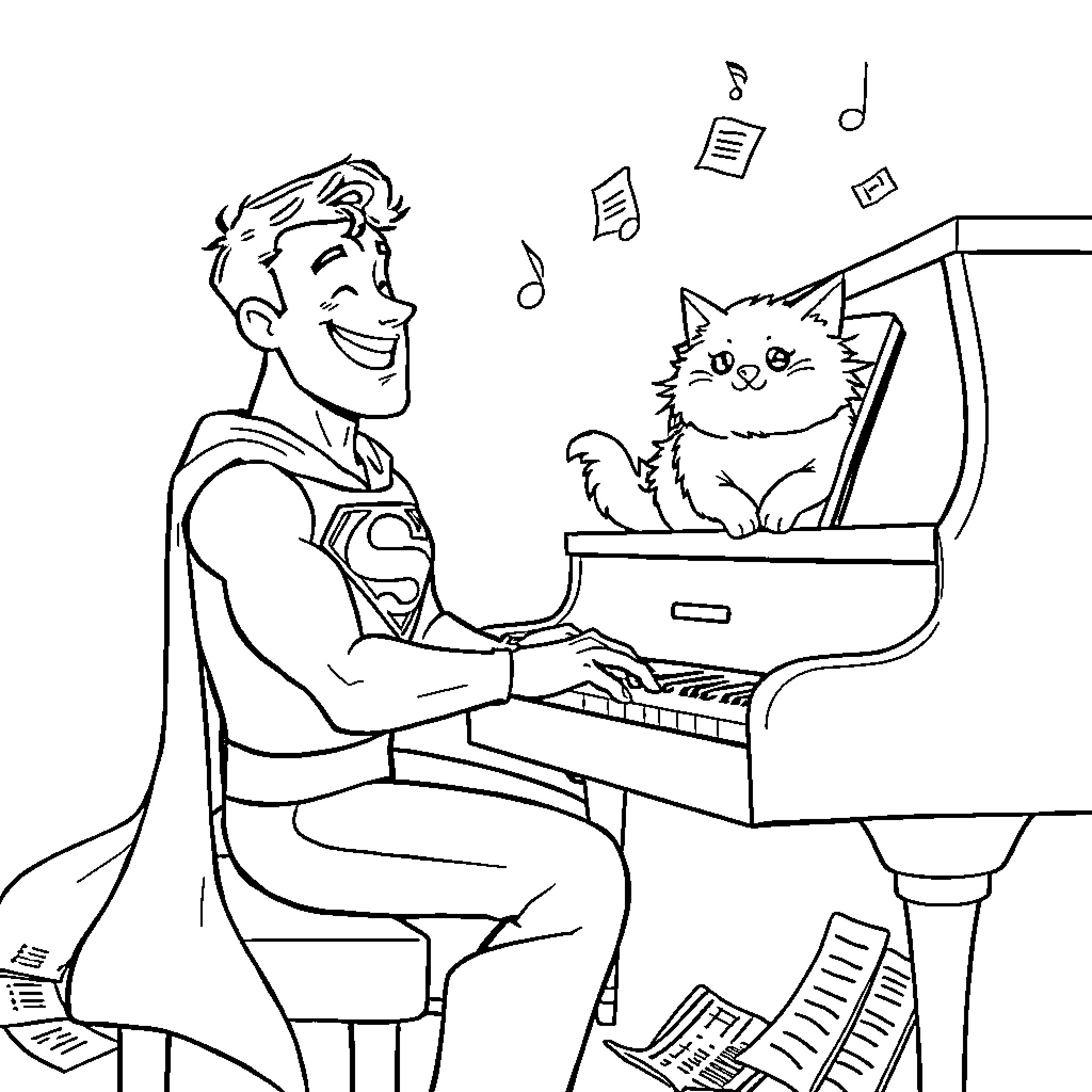 Superman playing piano with a cat Coloring Page (free black-and-white line drawing printable PDF for all, from beginners to advanced learners, including children, teens, adults, and seniors)