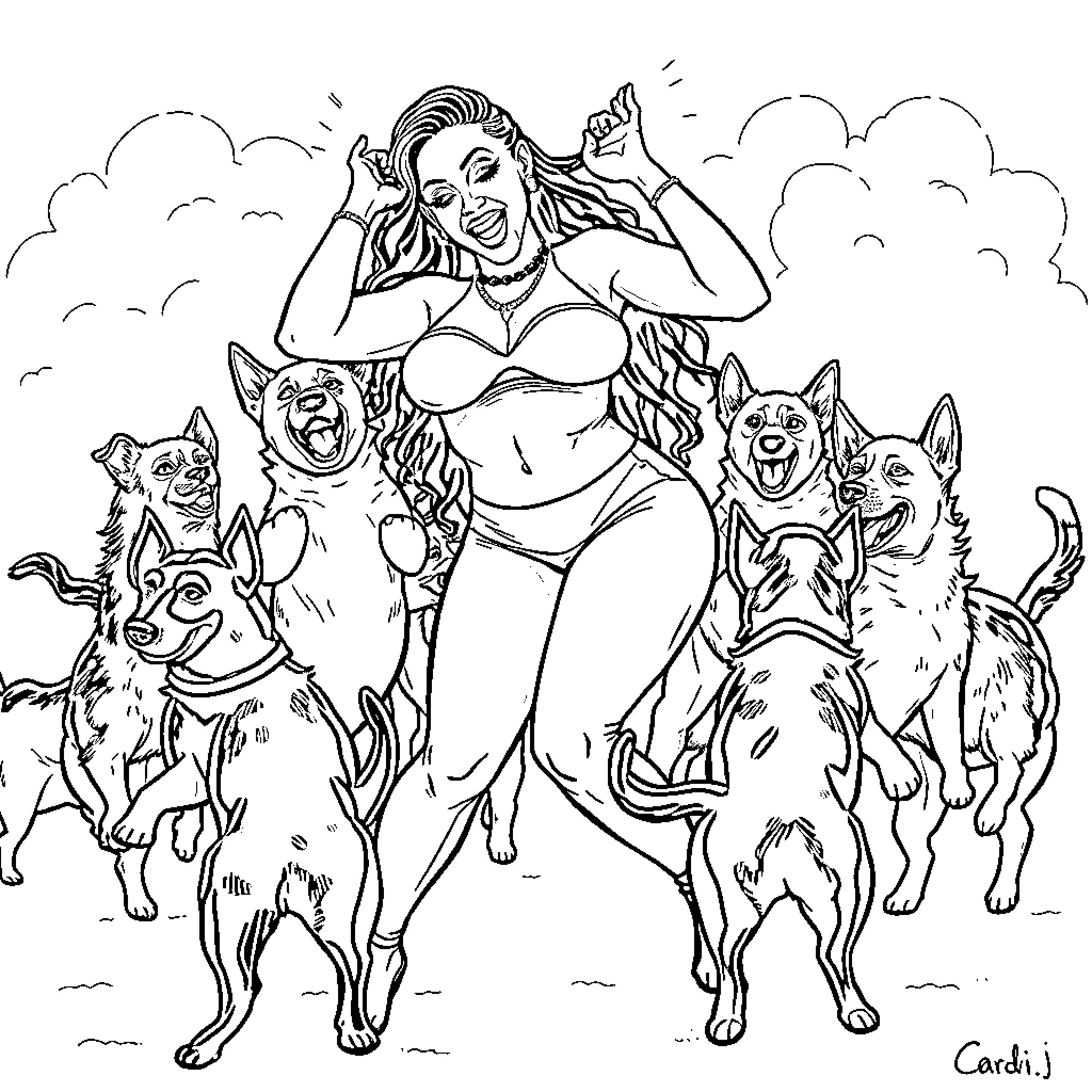 Cardi B playing with her excited pet dogs Coloring Page (free black-and-white line drawing printable PDF for all, from beginners to advanced learners, including children, teens, adults, and seniors)