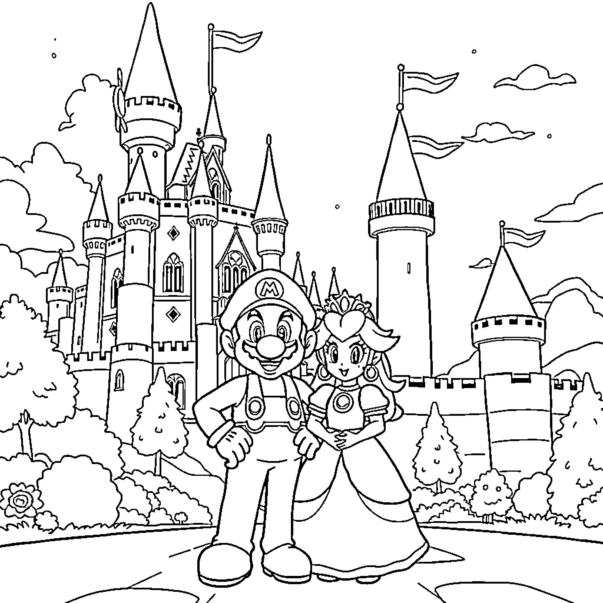 Mario and Princess in Magical Castle Landscape Coloring Page (free black-and-white line drawing printable PDF for all, from beginners to advanced learners, including children, teens, adults, and seniors)