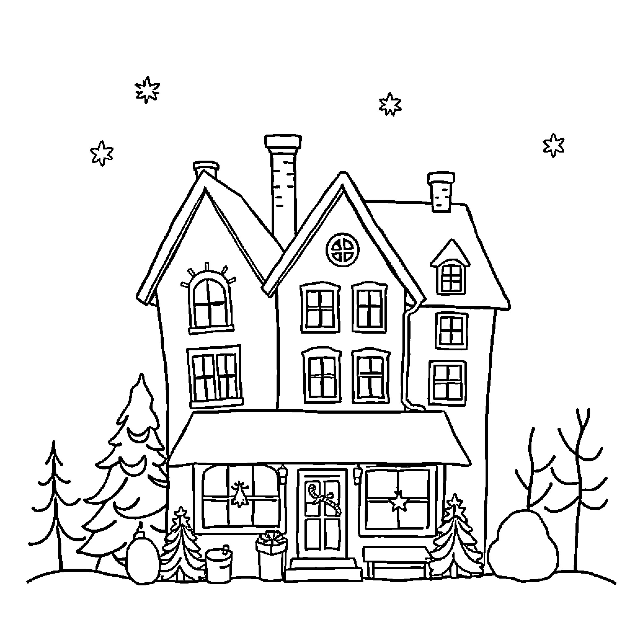 House with festive decorations and winter scenery Coloring Page (free black-and-white line drawing printable PDF for all, from beginners to advanced learners, including children, teens, adults, and seniors)