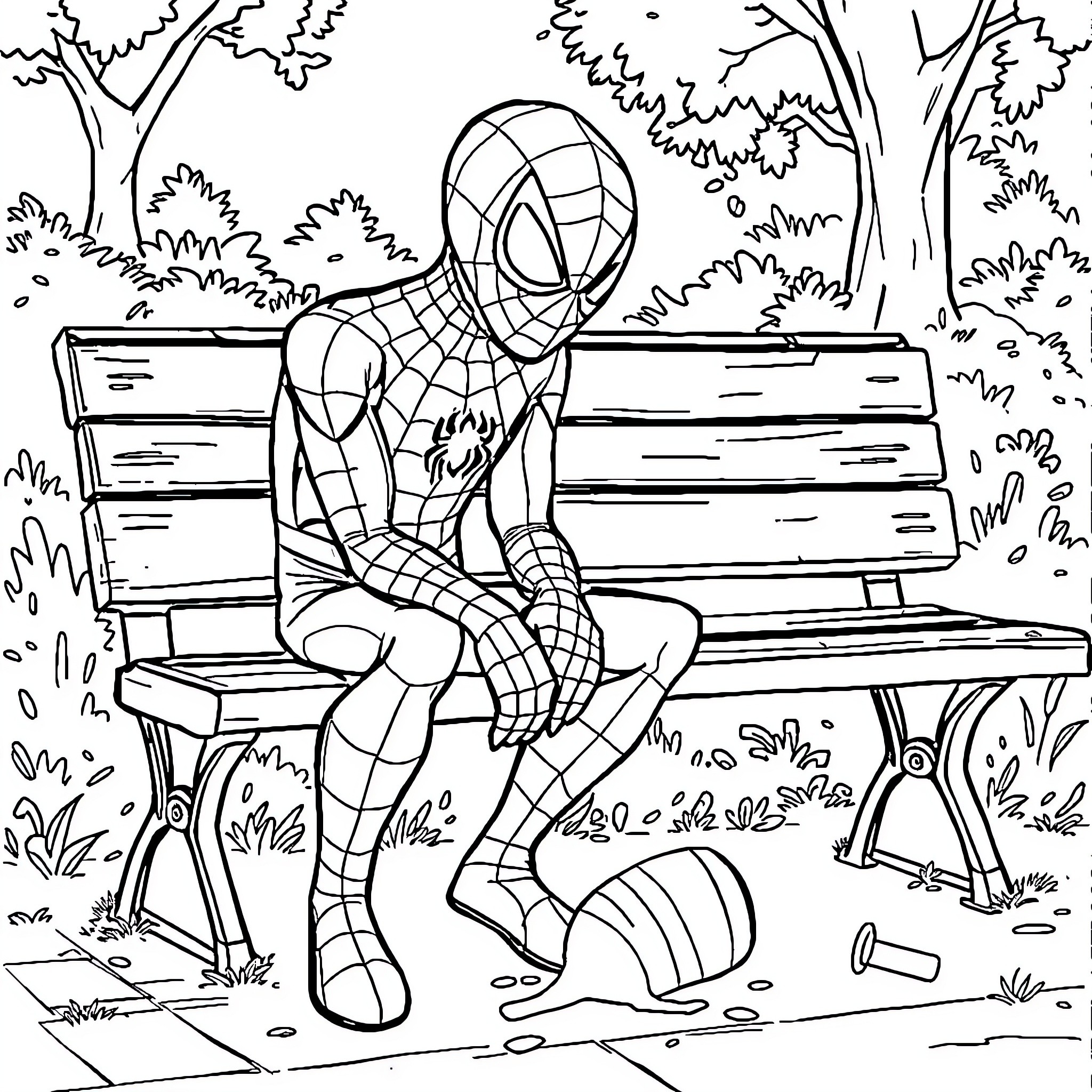 Spider-Man relaxing on a park bench Coloring Page (free black-and-white line drawing printable PDF for all, from beginners to advanced learners, including children, teens, adults, and seniors)