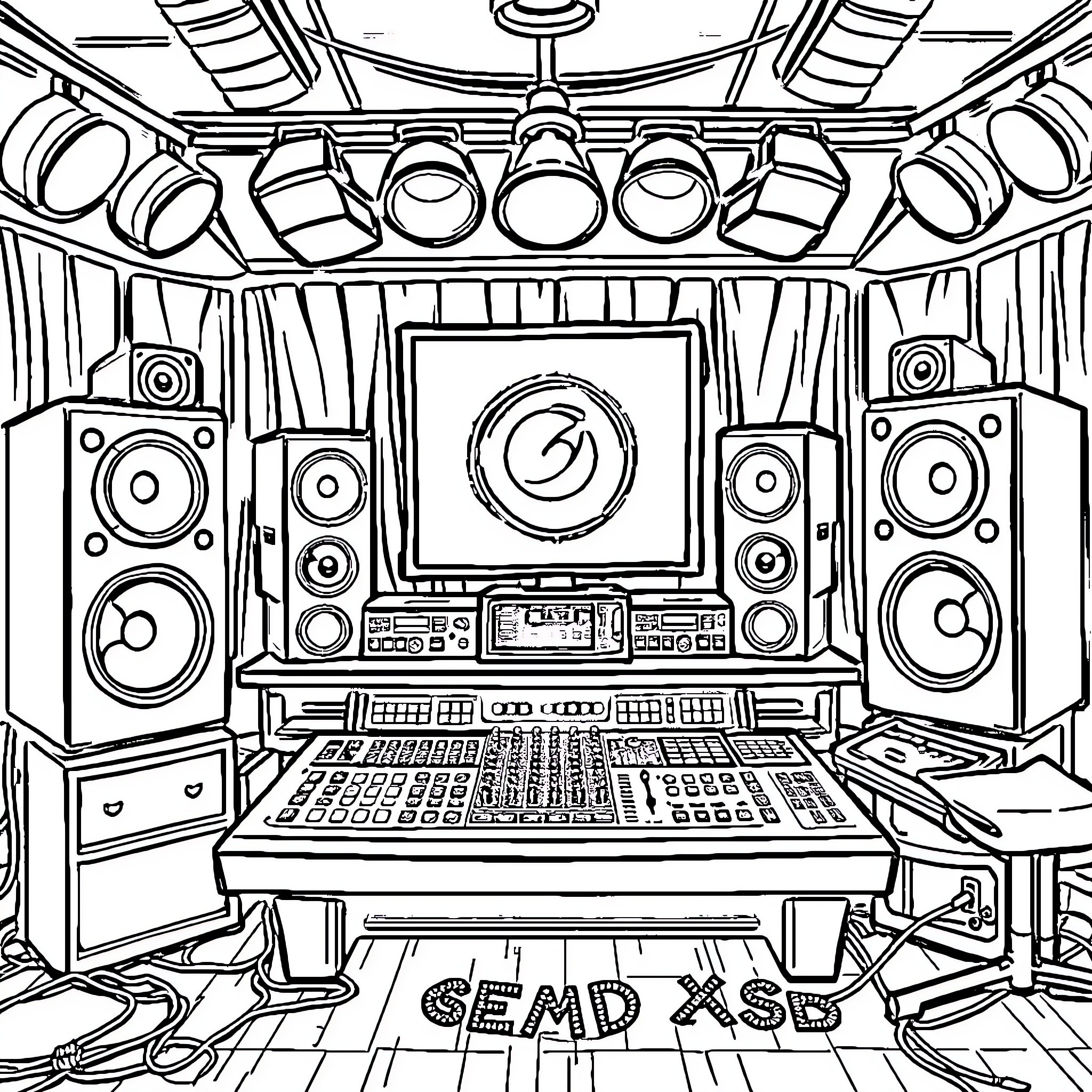 Hip Hop Producer's Vibrant Audio Recording Studio Coloring Page (free black-and-white line drawing printable PDF for all, from beginners to advanced learners, including children, teens, adults, and seniors)