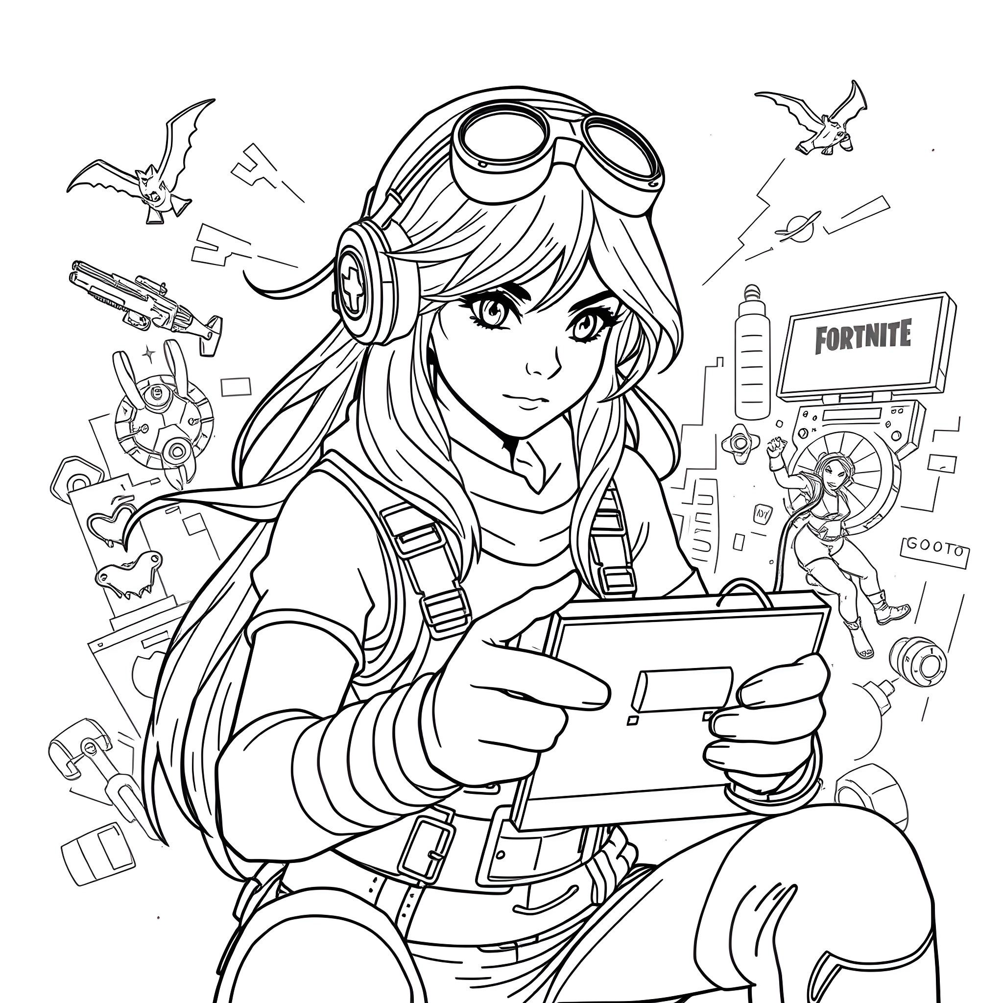 Gamer Girl Gaming with Enthusiasm and Passion Coloring Page (free black-and-white line drawing printable PDF for all, from beginners to advanced learners, including children, teens, adults, and seniors)