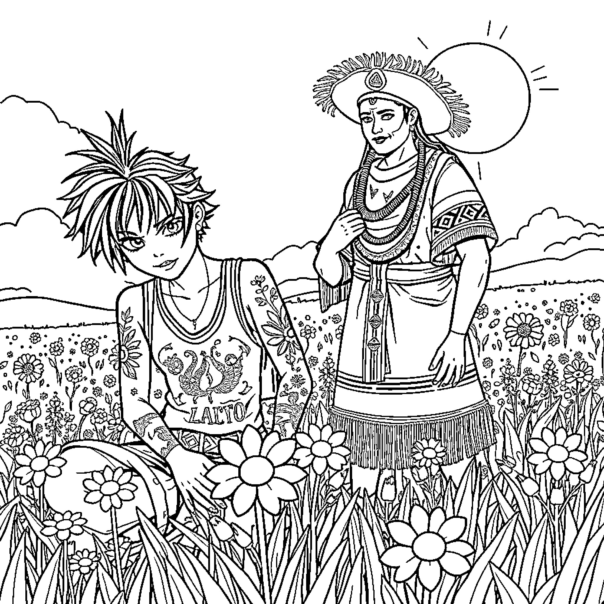 Punk Meets Indigenous Culture in Vibrant Floral Setting Coloring Page (free black-and-white line drawing printable PDF for all, from beginners to advanced learners, including children, teens, adults, and seniors)