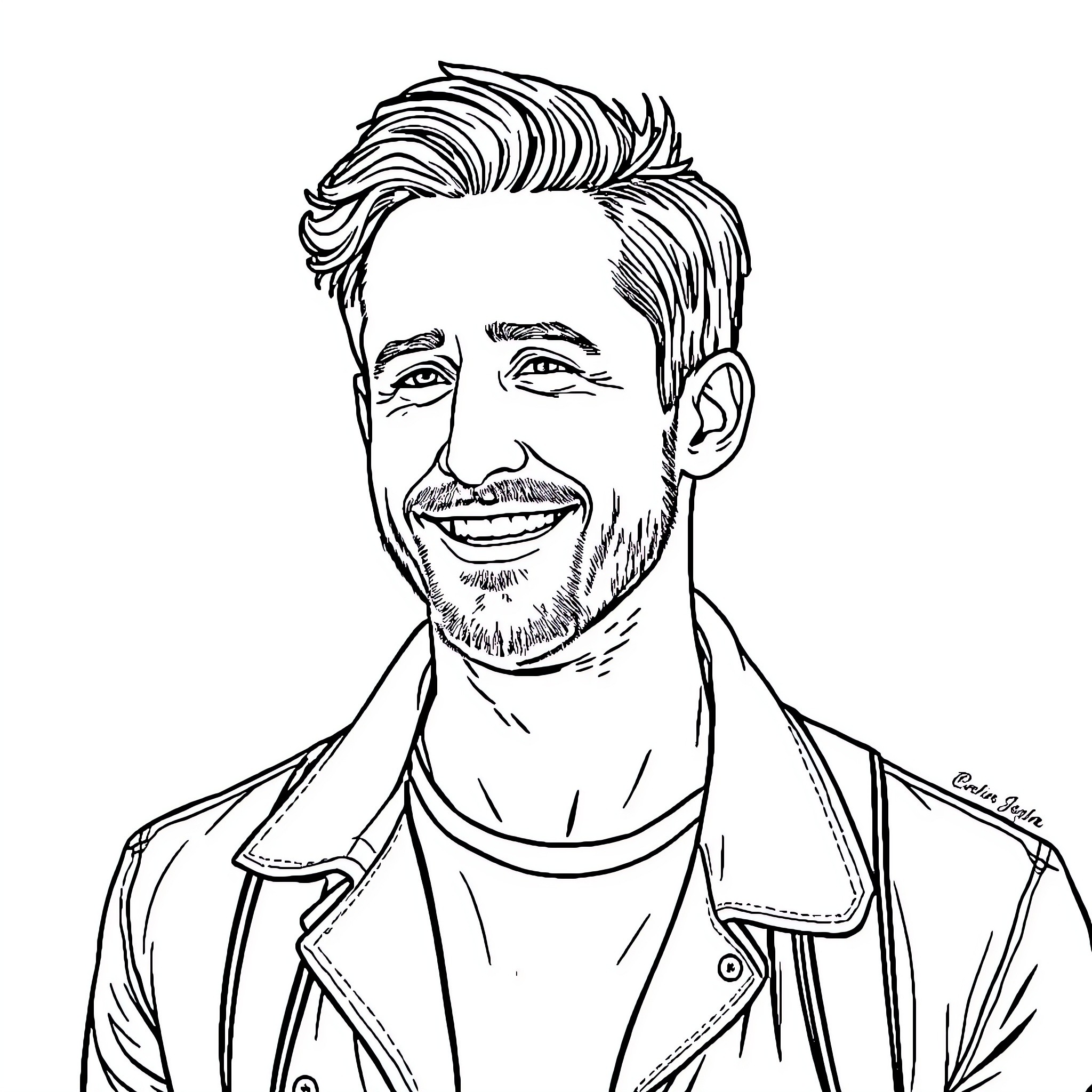 Ryan Gosling smiling warmly in casual attire Coloring Page (free black-and-white line drawing printable PDF for all, from beginners to advanced learners, including children, teens, adults, and seniors)