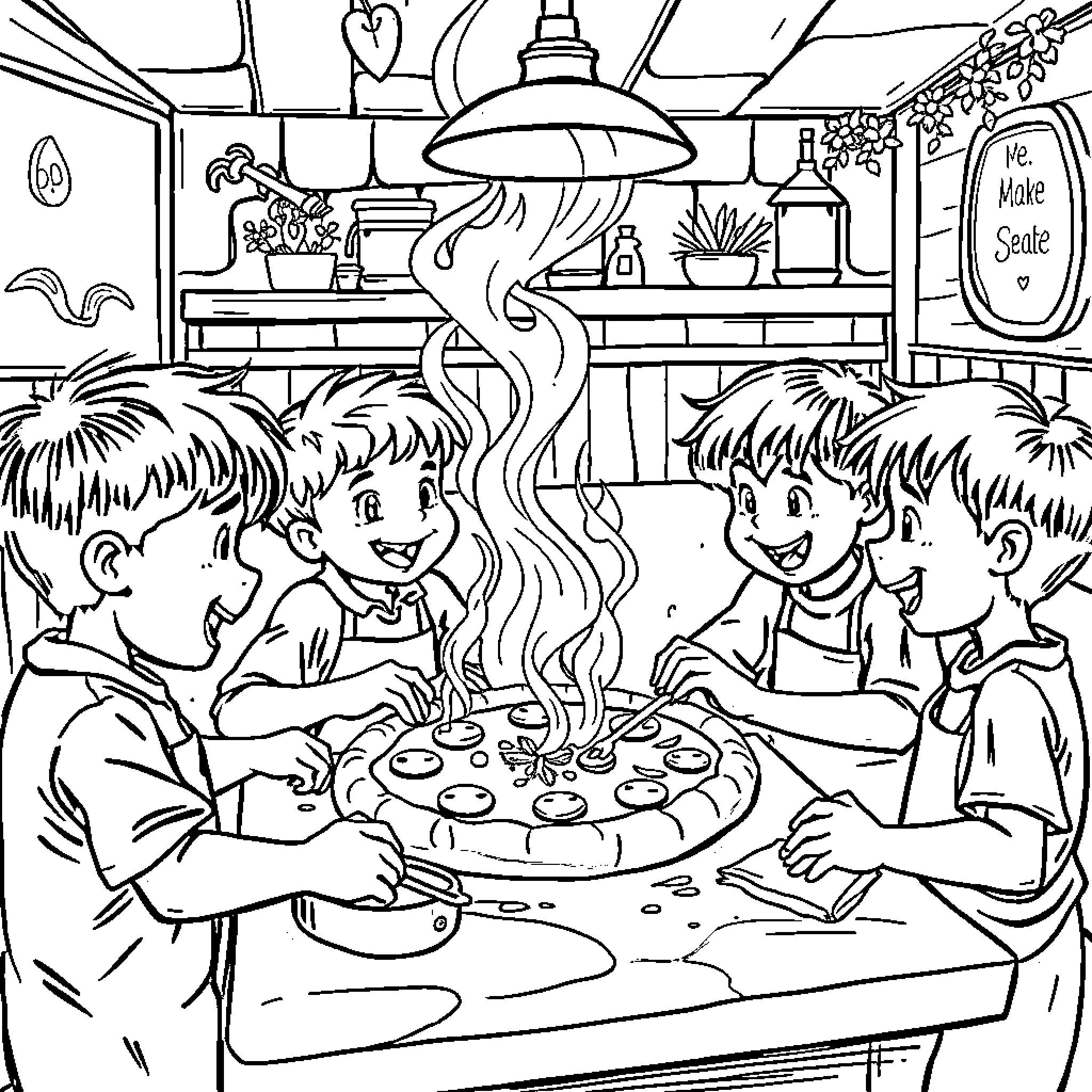 Kid Enjoying Pizza in Cozy Cafe Coloring Page (free black-and-white line drawing printable PDF for all, from beginners to advanced learners, including children, teens, adults, and seniors)