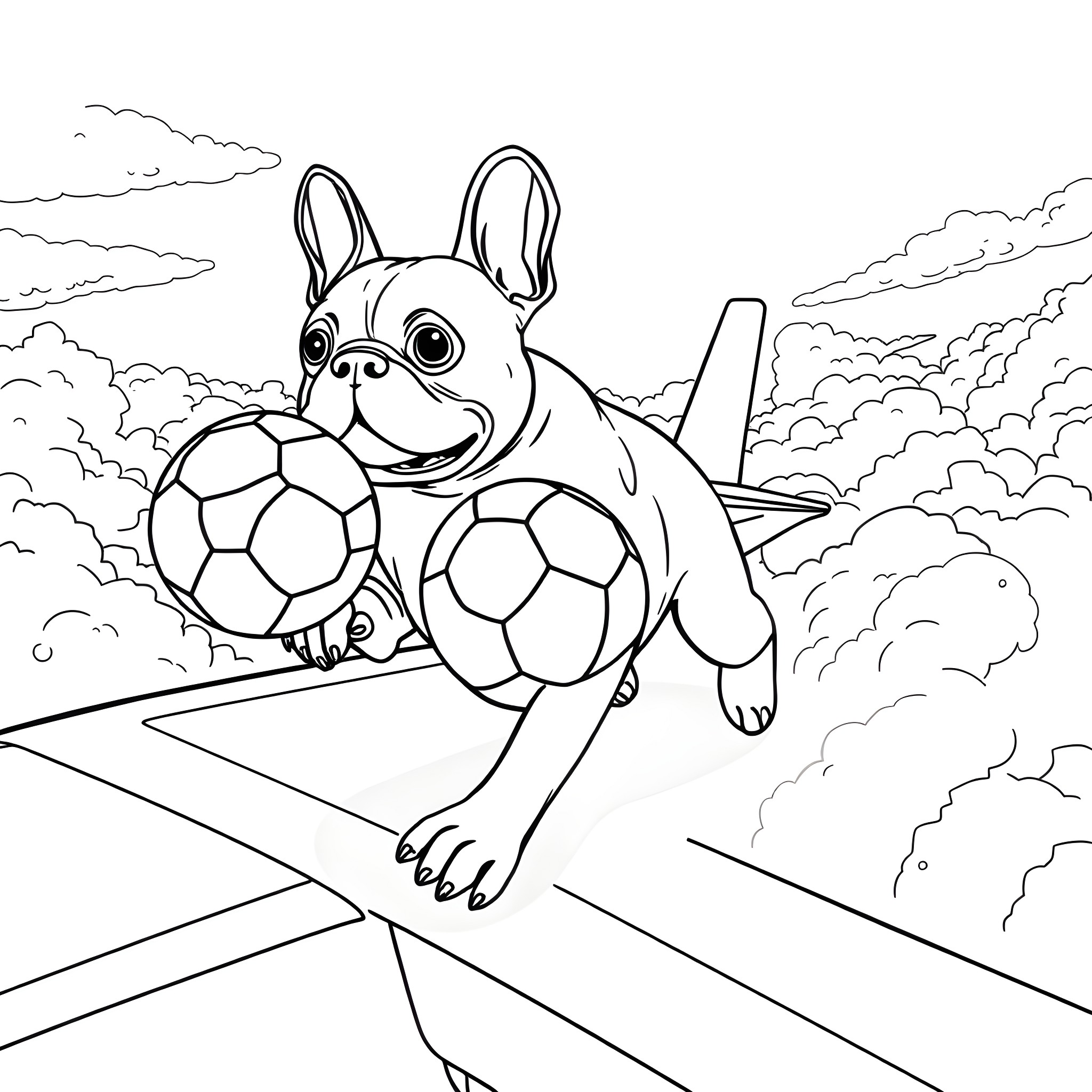 Frenchie playing with soccer balls on the field Coloring Page (free black-and-white line drawing printable PDF for all, from beginners to advanced learners, including children, teens, adults, and seniors)